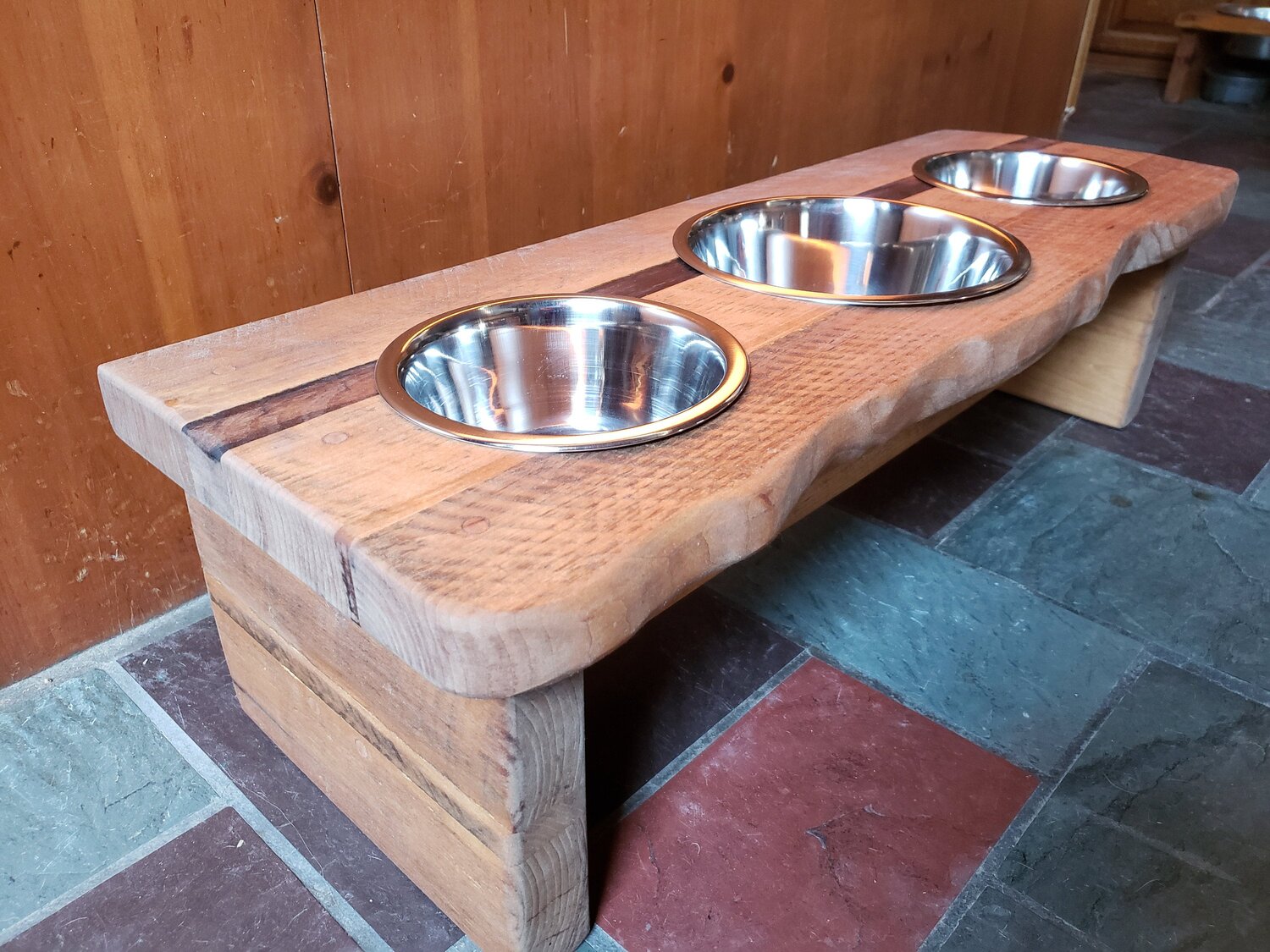 Two bowl Elevated raised dog feeder with stained sealer-Dog Food