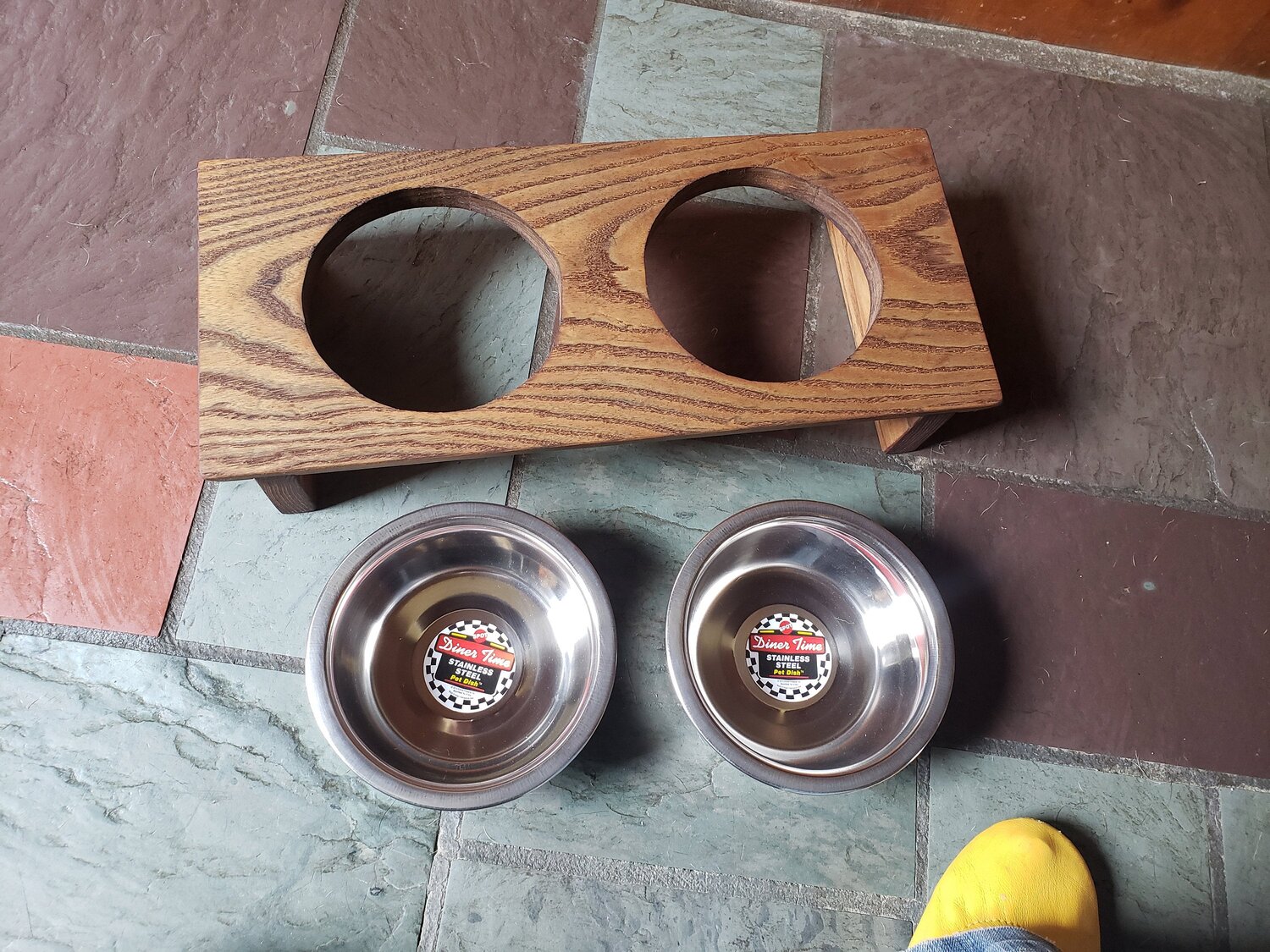 Two bowl Elevated raised dog feeder with stained sealer-Dog bowl