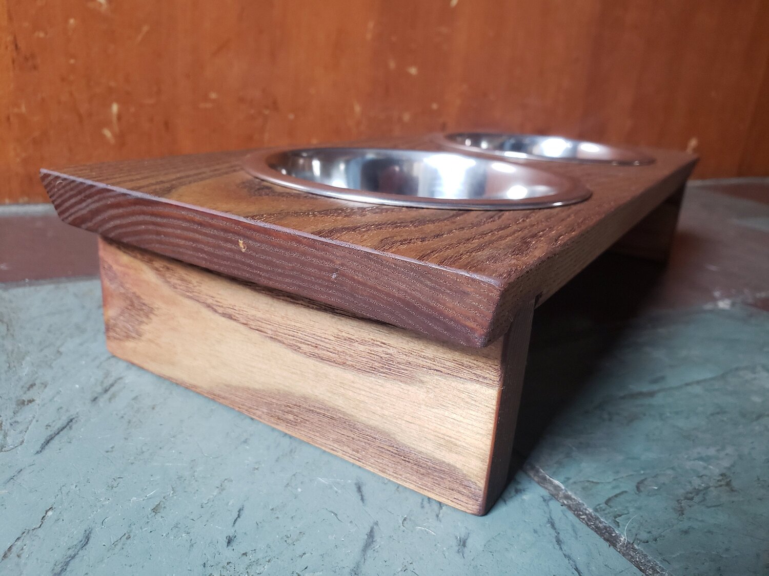 Elevated Wood Cat Feeder - Small Dog Feeder- with Stainless Steel