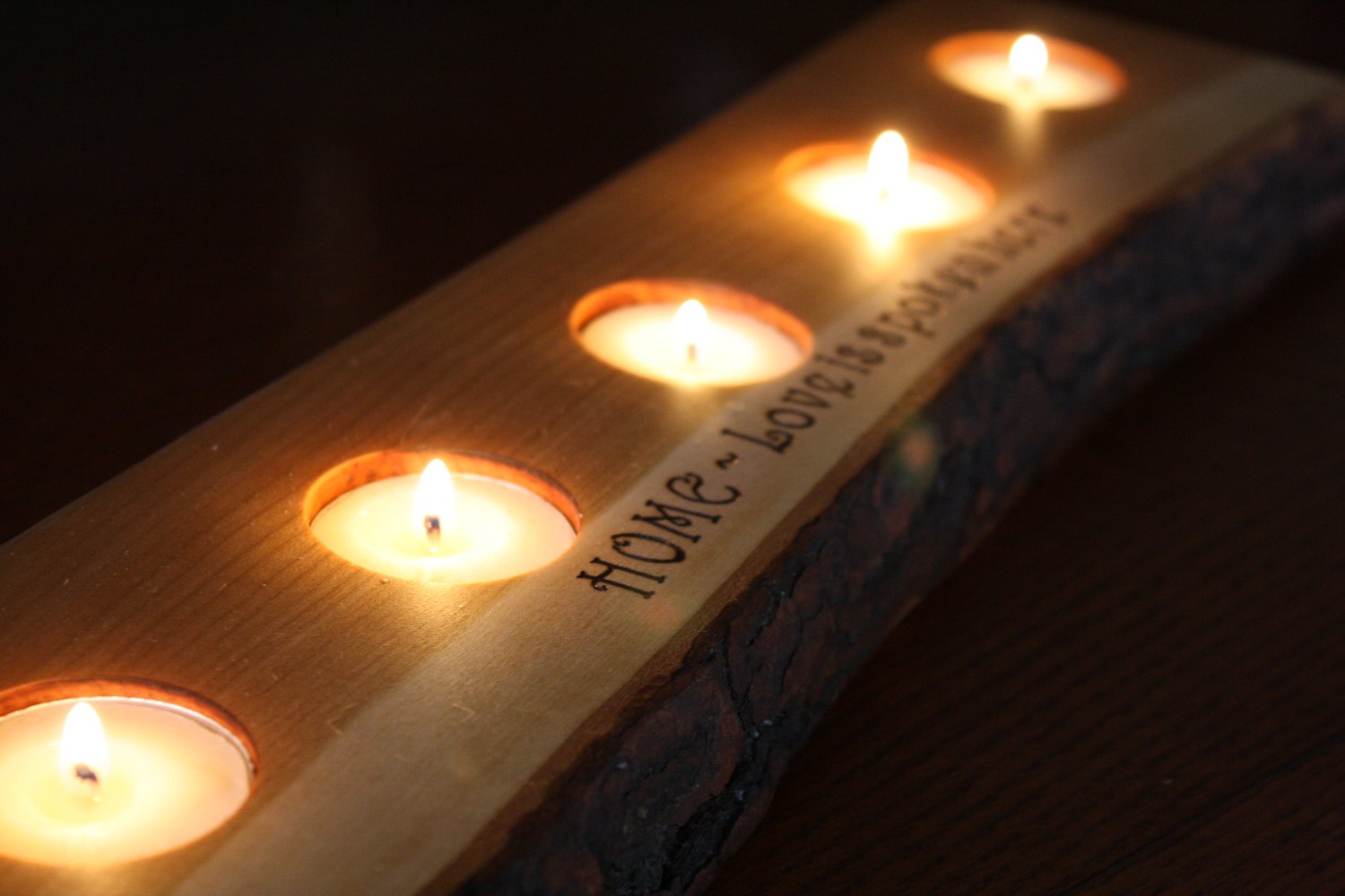 Wood Anniversary- Personalized 5 Tea light Candle Holder- Rustic