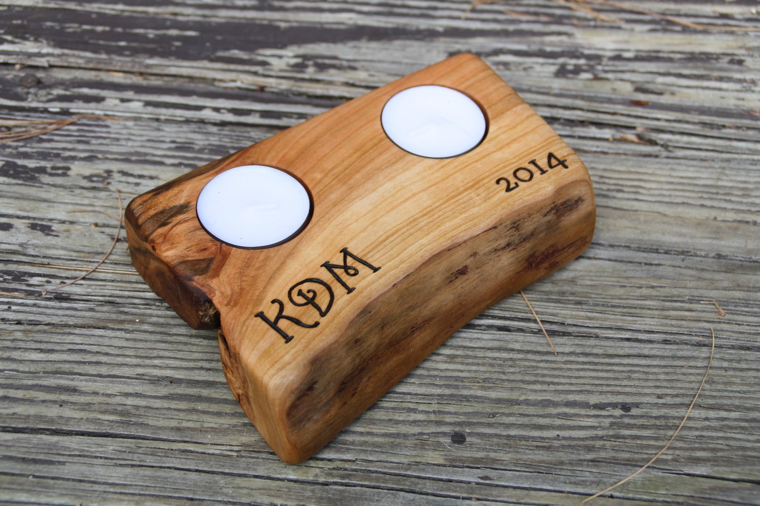 Personalized Tealight Wood Candleholder- Rustic Wood - Engraved