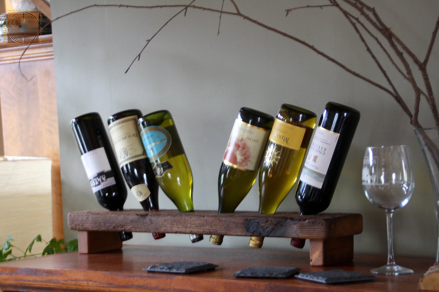 Personalized Wine Rack- Rustic Wood Wine Display - 5 Bottle