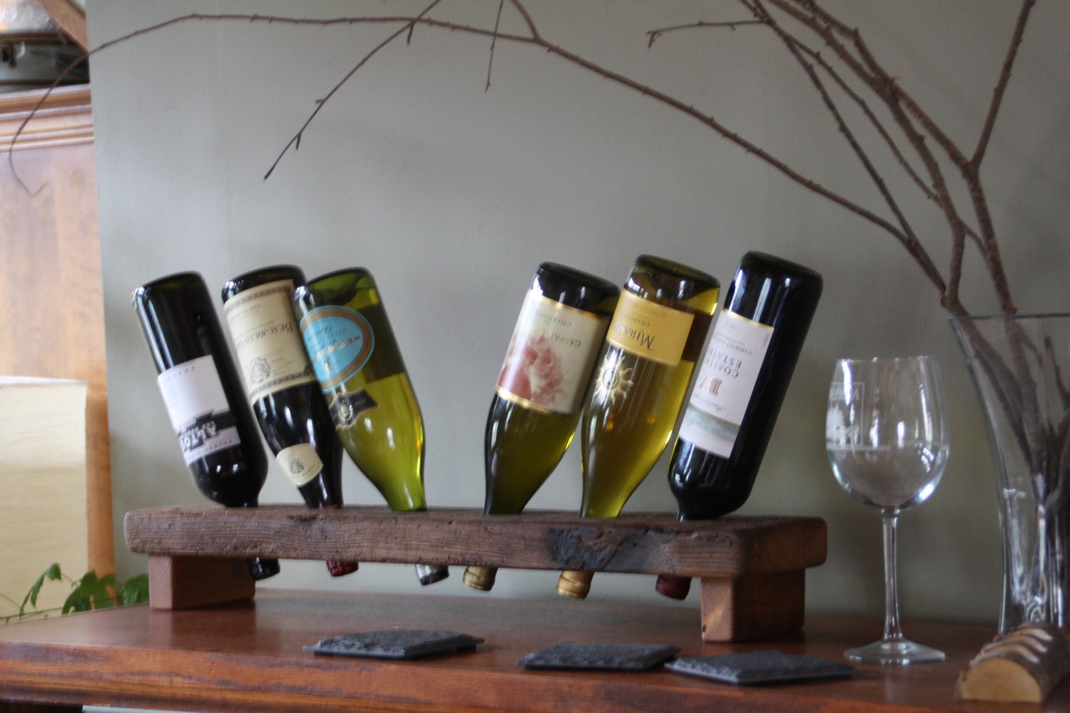 Personalized Wine Rack- Rustic Wood Wine Display - 5 Bottle