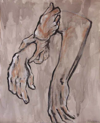 Montage of hands Ink and oil on bristol paper, 11"x14" (?) June 2005