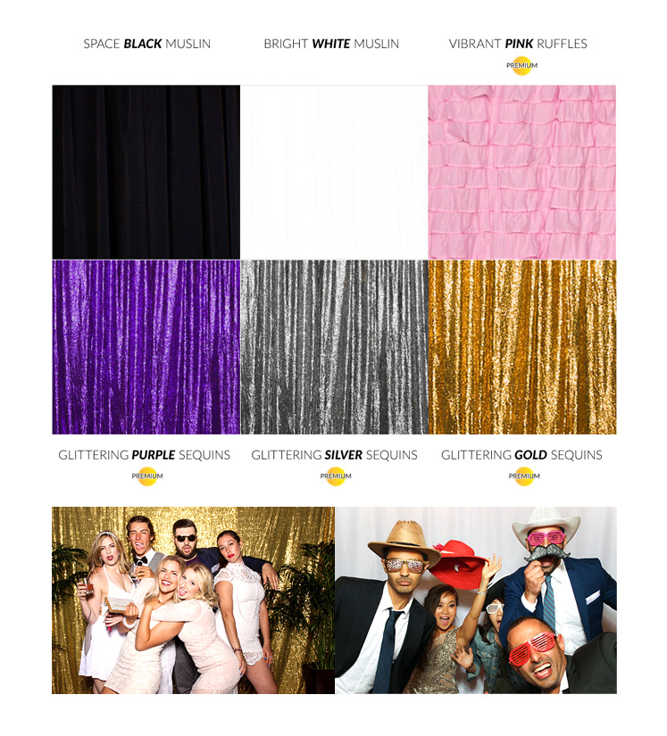 Our ever growing selection of photo booth backdrops, including sequins and ruffles!