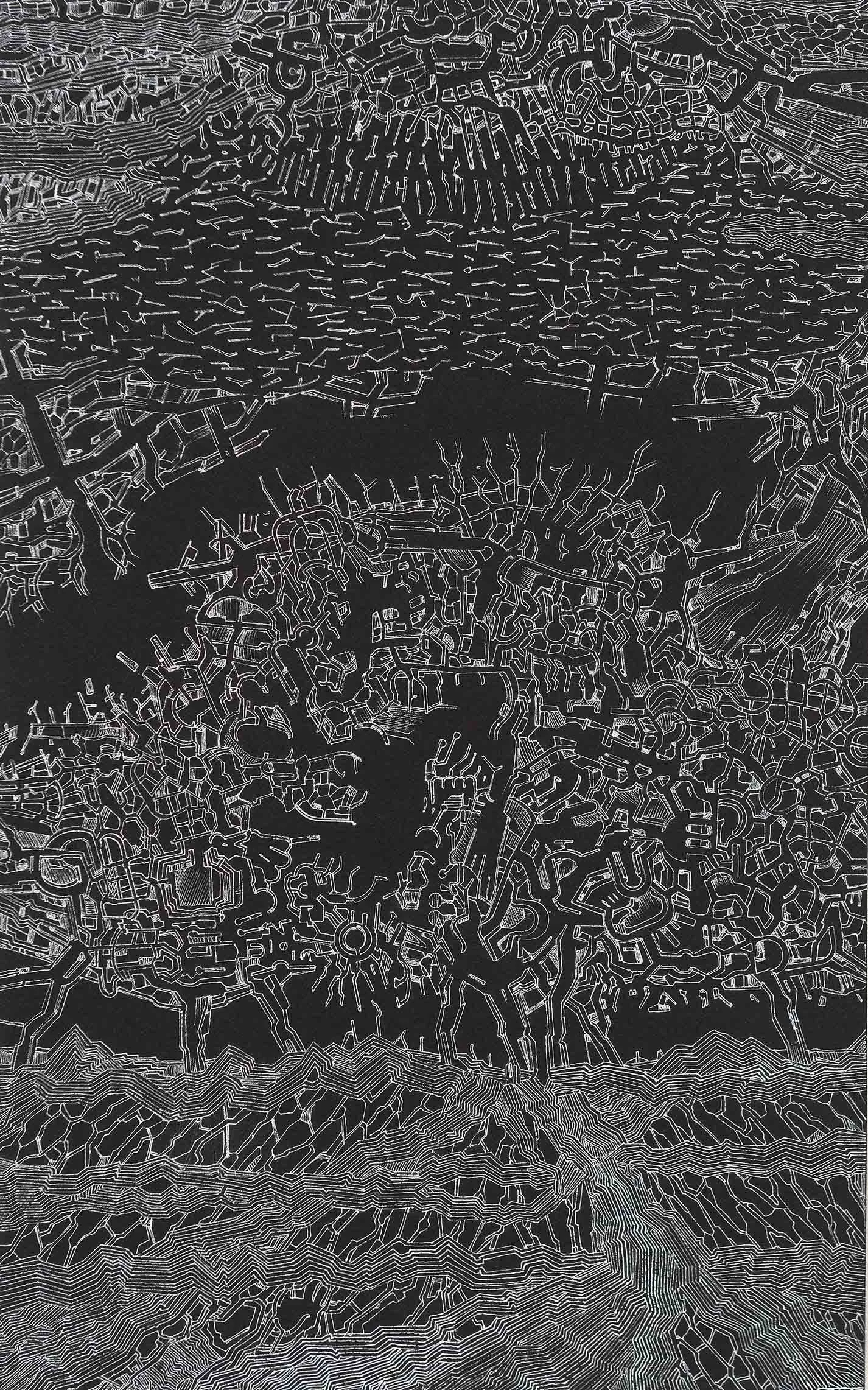 Tryuim, encre blanche sur papier noir, 22x 32 cm, 2016