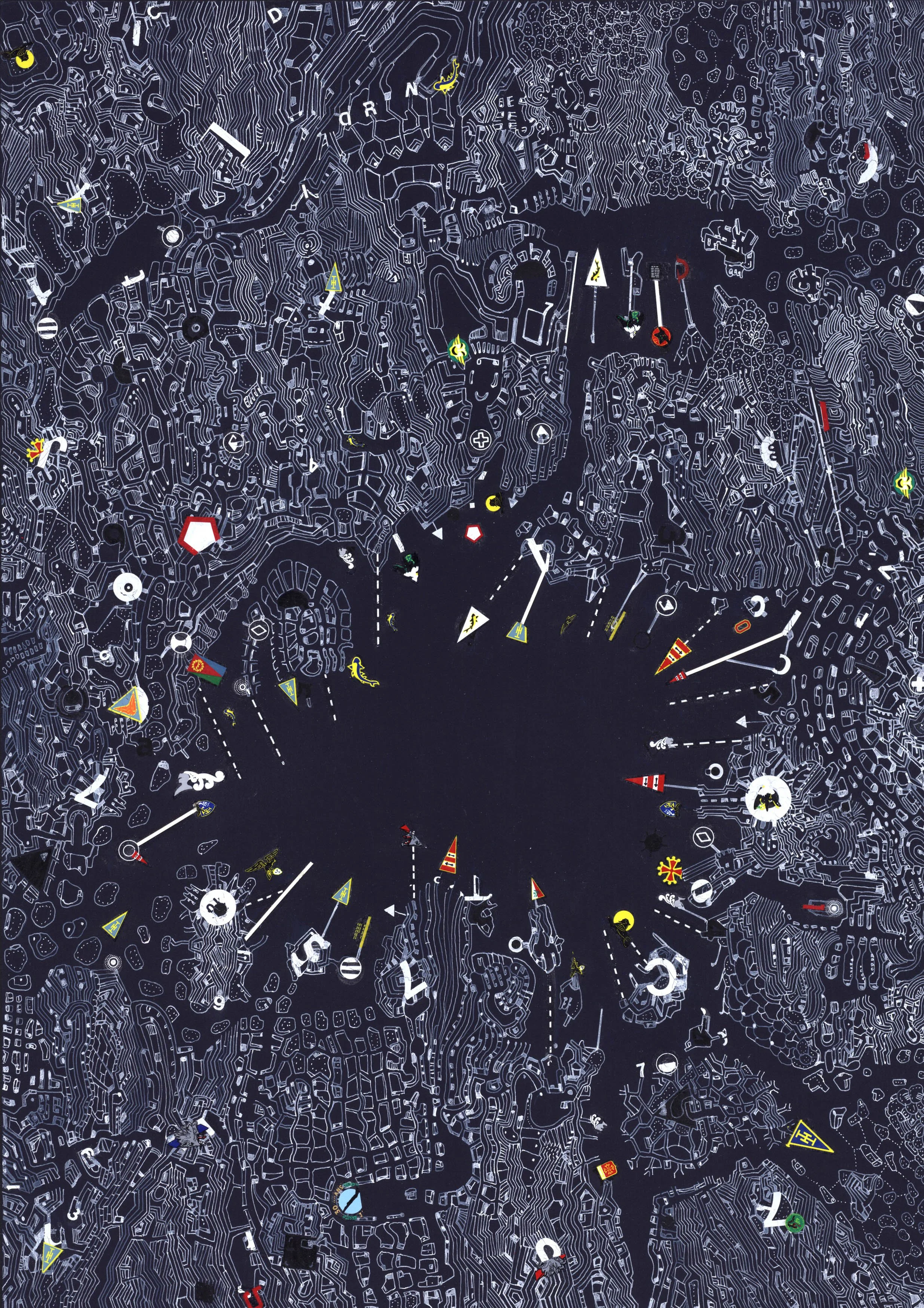 Sans titre, encre blanche et transfers sur papier bleufoncé, 21 x 29,7 cm, 2019