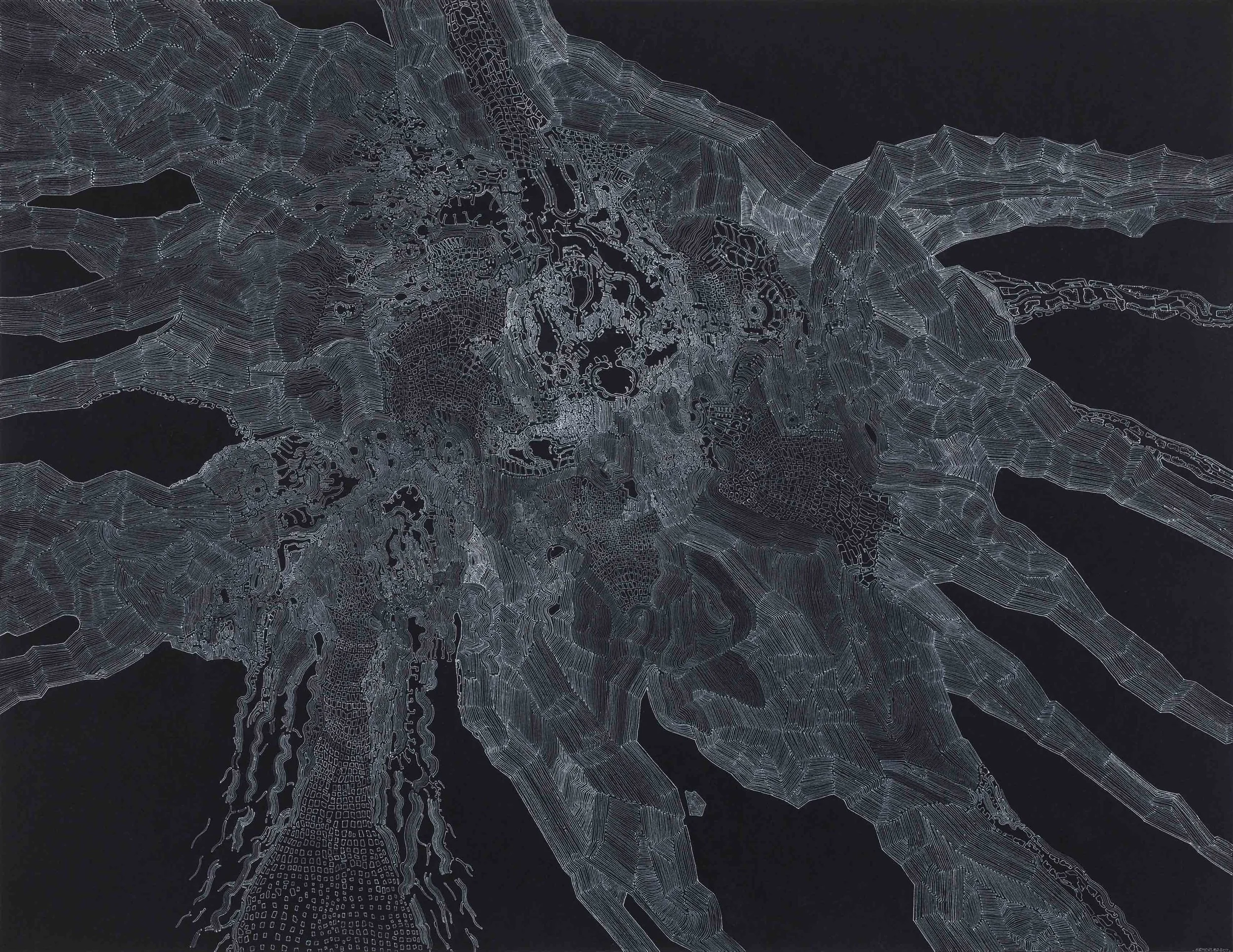 Areixel, encre blanche sur papier noir, 50 x 65 cm , 2015