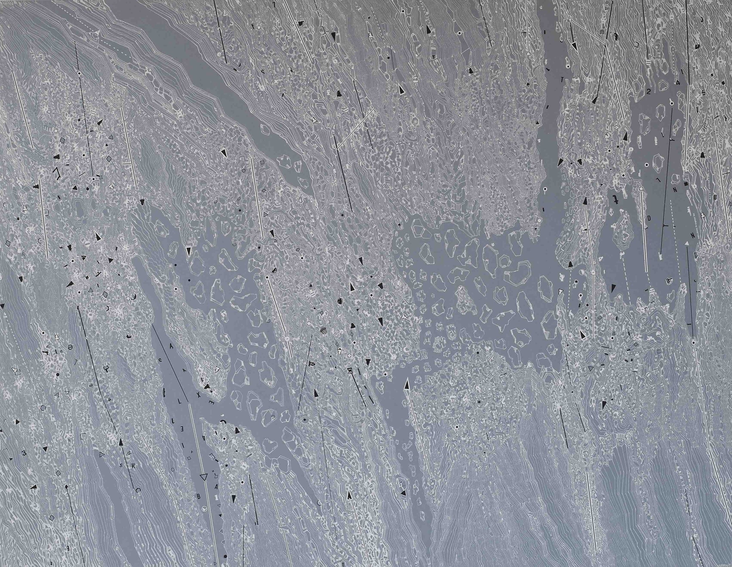 Sans titre, encre blanche et Letraset sur papier gris, 56 X 77 cm, 2016