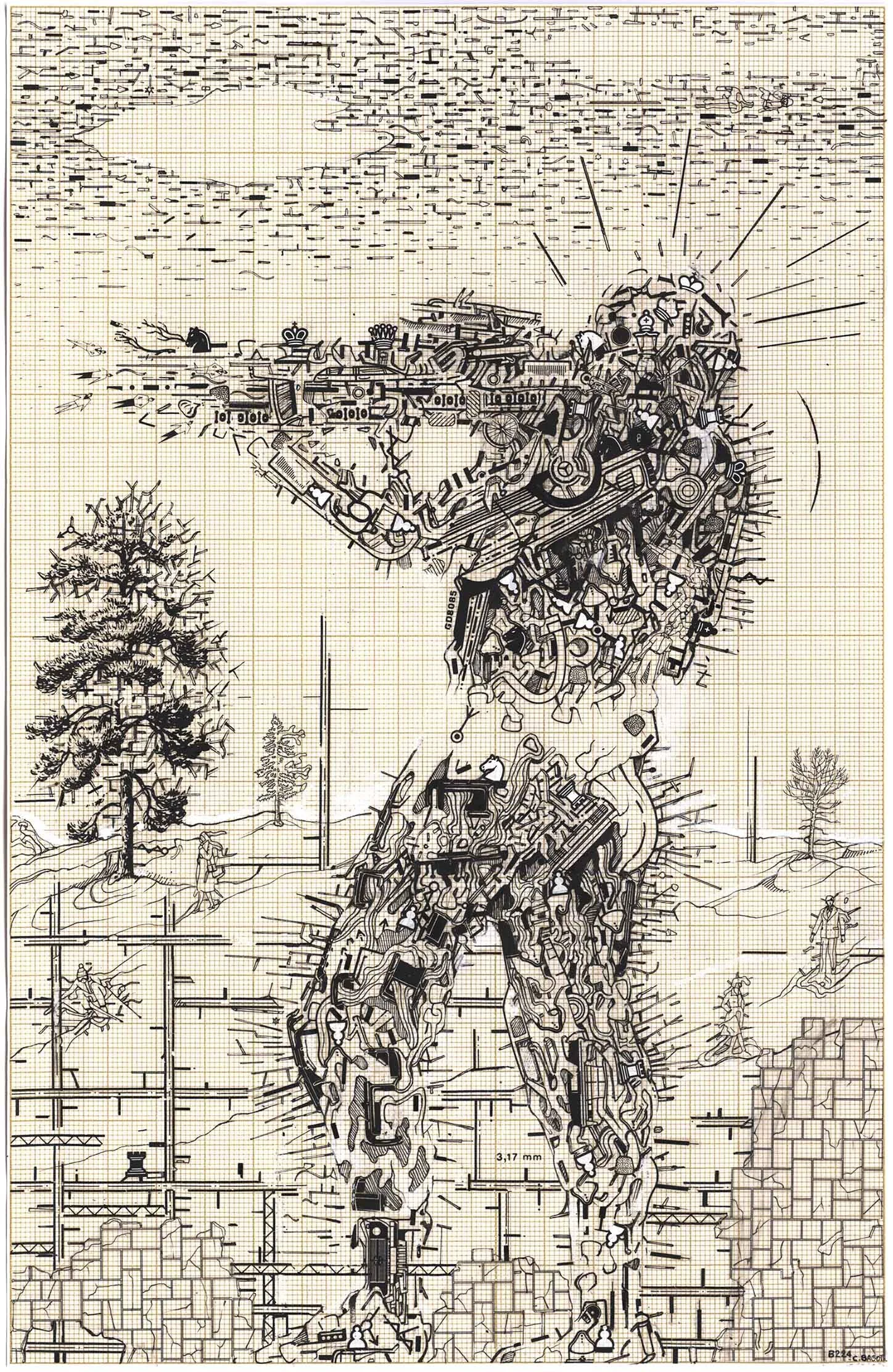 Tireur, encre et Letraset sur papier millimétré, 19 X 29 cm, 2009