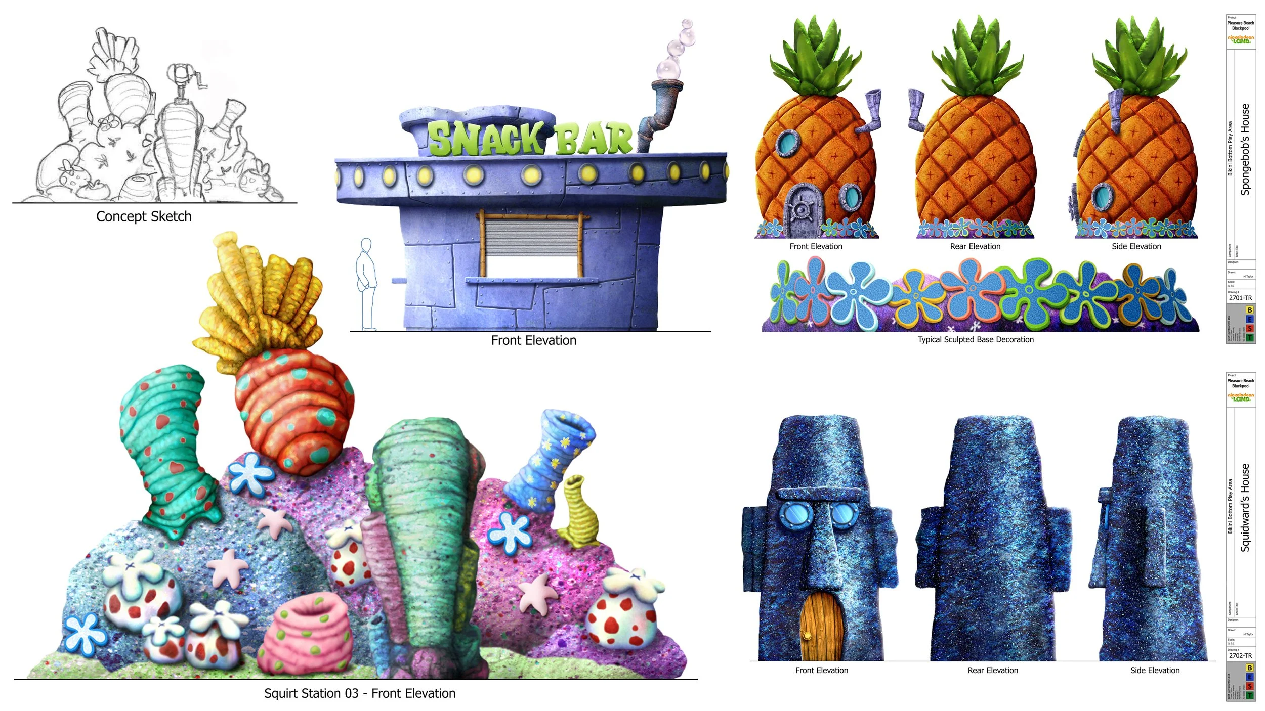 Design page full of concept and finalised drawings for interactive sections of the Spongebob Squarepants ride in Blackpool Pleasure Beach in the UK. It shows a snack bar section as well as elevations of coral rocks and houses.