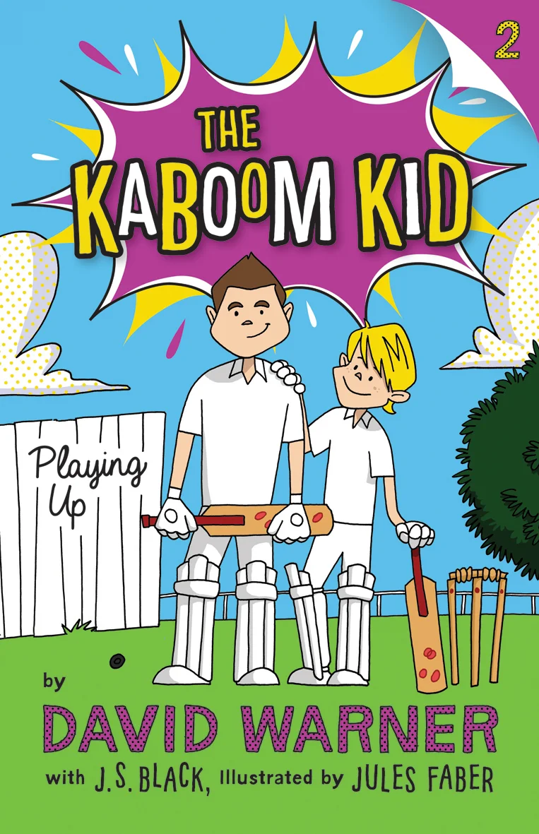 Playing Up Meet Little Davey Warner. He lives in Sandhill Flats with his mum and dad and his brother Steve – and his stinky dog Max. Davey and his schoolmates –even Max – are MAD for cricket. All they want to do is play … but there’s always something getting in their way. In this second book in the series, Davey wishes he could be as good a cricketer as his older brother Steve, who’s always telling him to practise more. And there’s nothing else that Davey and his mates like to do more – the classroom is as good as the playground, right? Mr Mudge, the Year 6 teacher and absolute grump, doesn’t think so, especially after being donked on the head by the ball, and confiscates Davey’s precious bat, ‘Kaboom’. What’s Davey going to do without his precious bat? It’s like a part of his body. And of course a selector has turned up at club training, and Davey’s HOPELESS without his bat. He’s really happy for his mate, Sunil, though, who the selector taps on the shoulder.