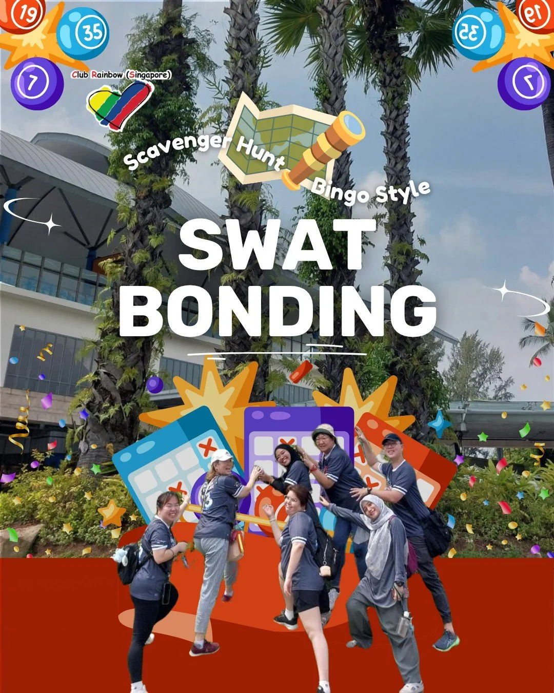 🌟 SWAT Bonding Day: Scavenger Hunt, Bingo Style! 🌟
 
From cable car trickshots 🚡 to hugging palm trees 🌴 and hunting down Nemo 🐠, our staff went all out completing wacky challenges across Sentosa &mdash; all on foot, no shortcuts allowed! 🚶&zwj
