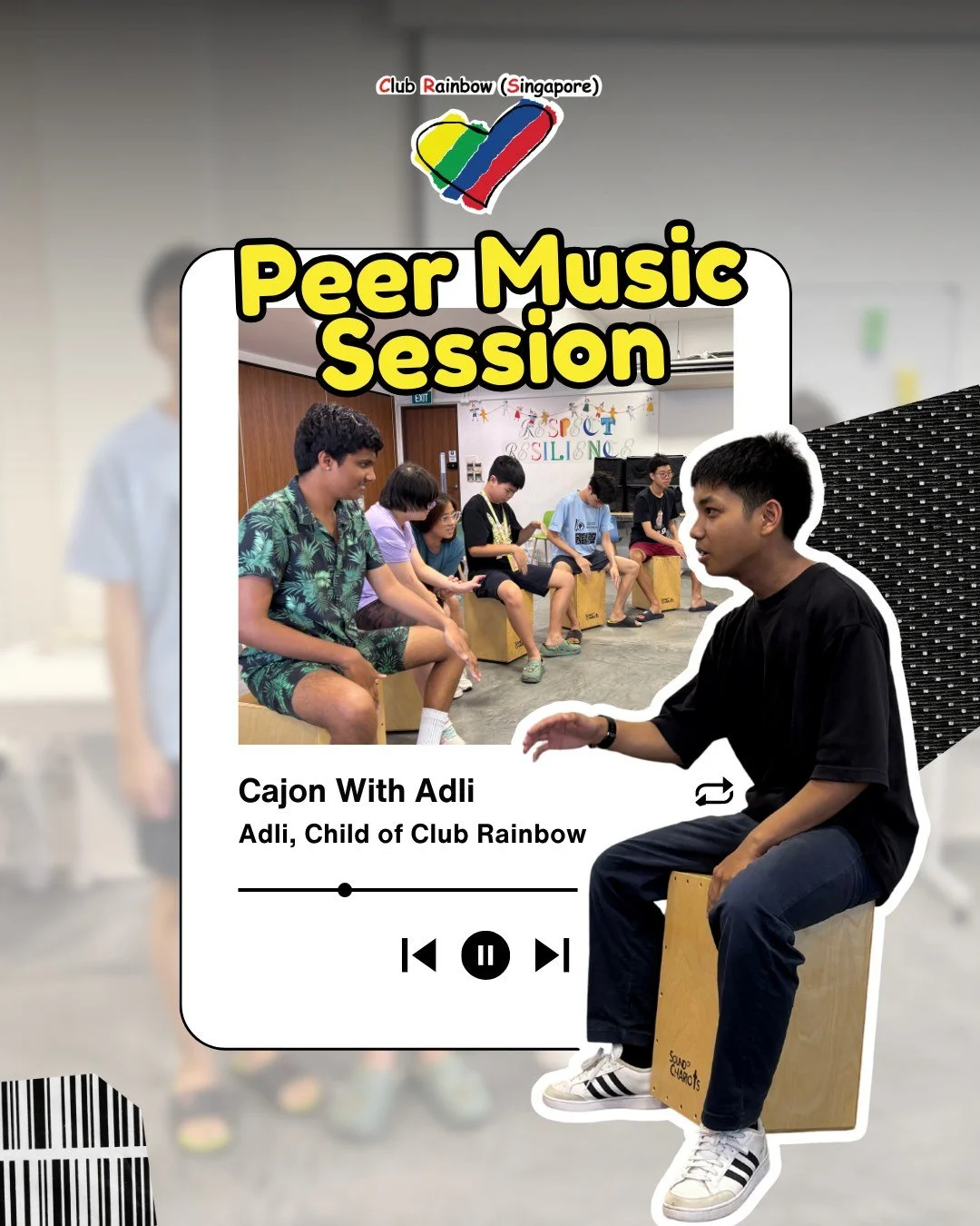 🥁🌈 Cajon with Adli ✨

What happens when a child steps forward to lead? At our first-ever Peer Music Session, we witnessed something truly beautiful where Adli, our child at Club Rainbow (Singapore) &mdash; stepped up to lead and shared his passion 