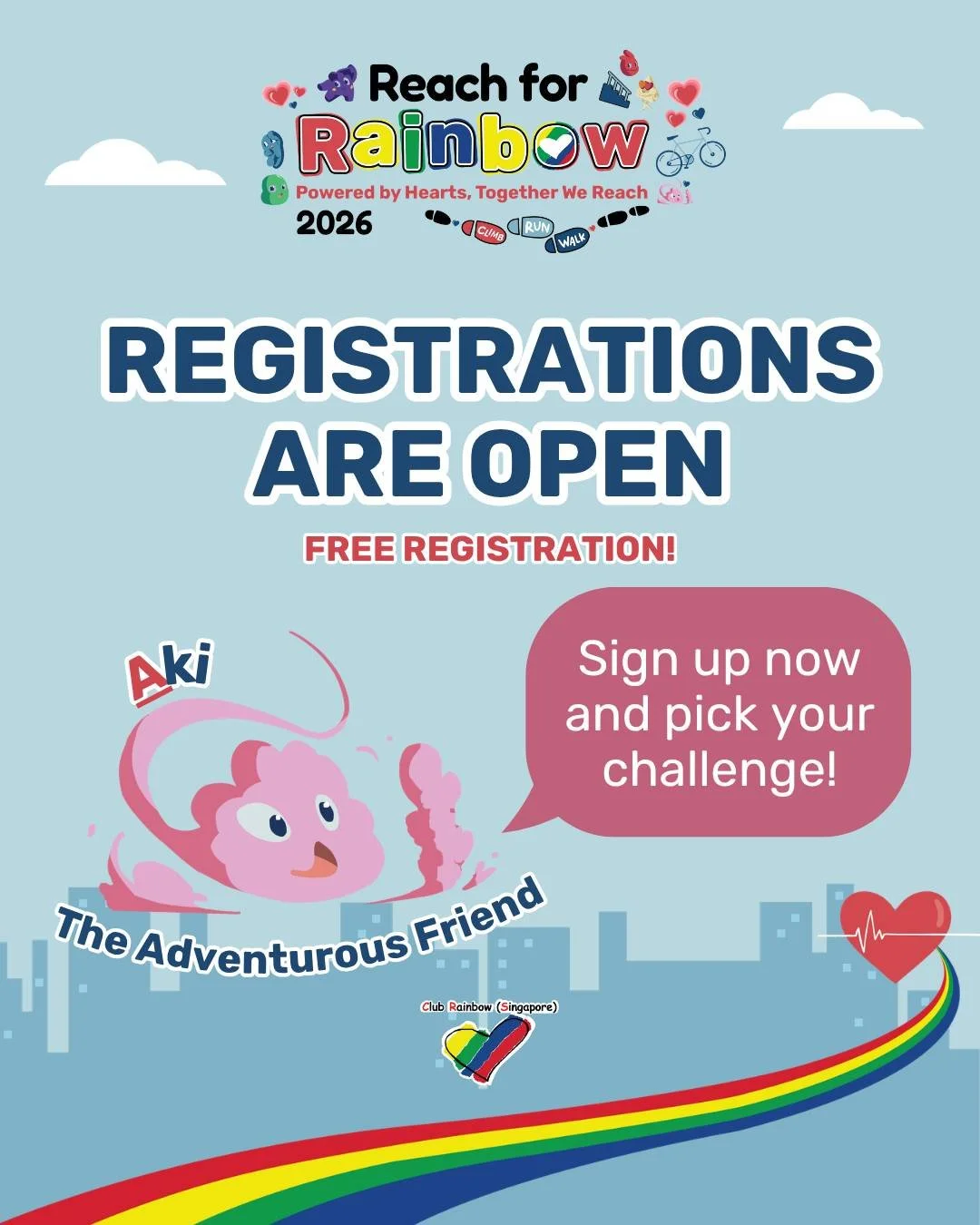 🌈 Reach for Rainbow 2026

📅 Registrations are now open!

The wait is over &mdash; it&rsquo;s time to sign up, choose your challenge, and make every step, ride, and climb count for children with chronic illnesses and their families 💜 Be among the f