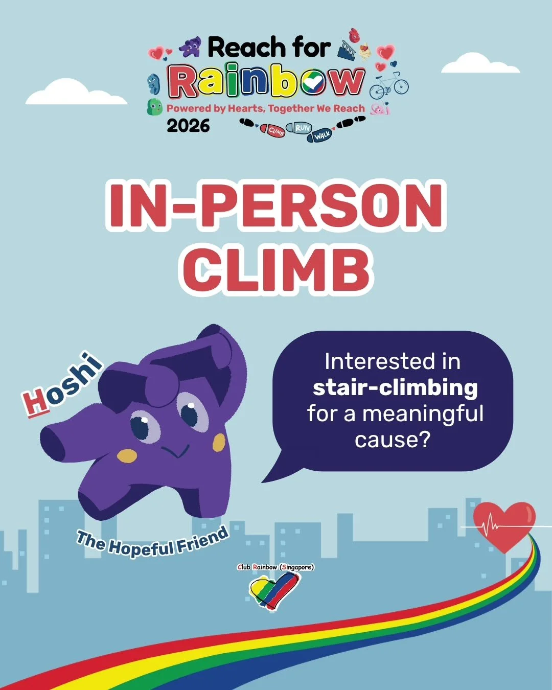 🌈 Reach for Rainbow 2026

📅 Registrations are open!

Ready to take on a challenge for a meaningful cause? 🌈 Explore our in-person category for Reach for Rainbow 2026! Every step, ride, and climb helps support children with chronic illnesses and th
