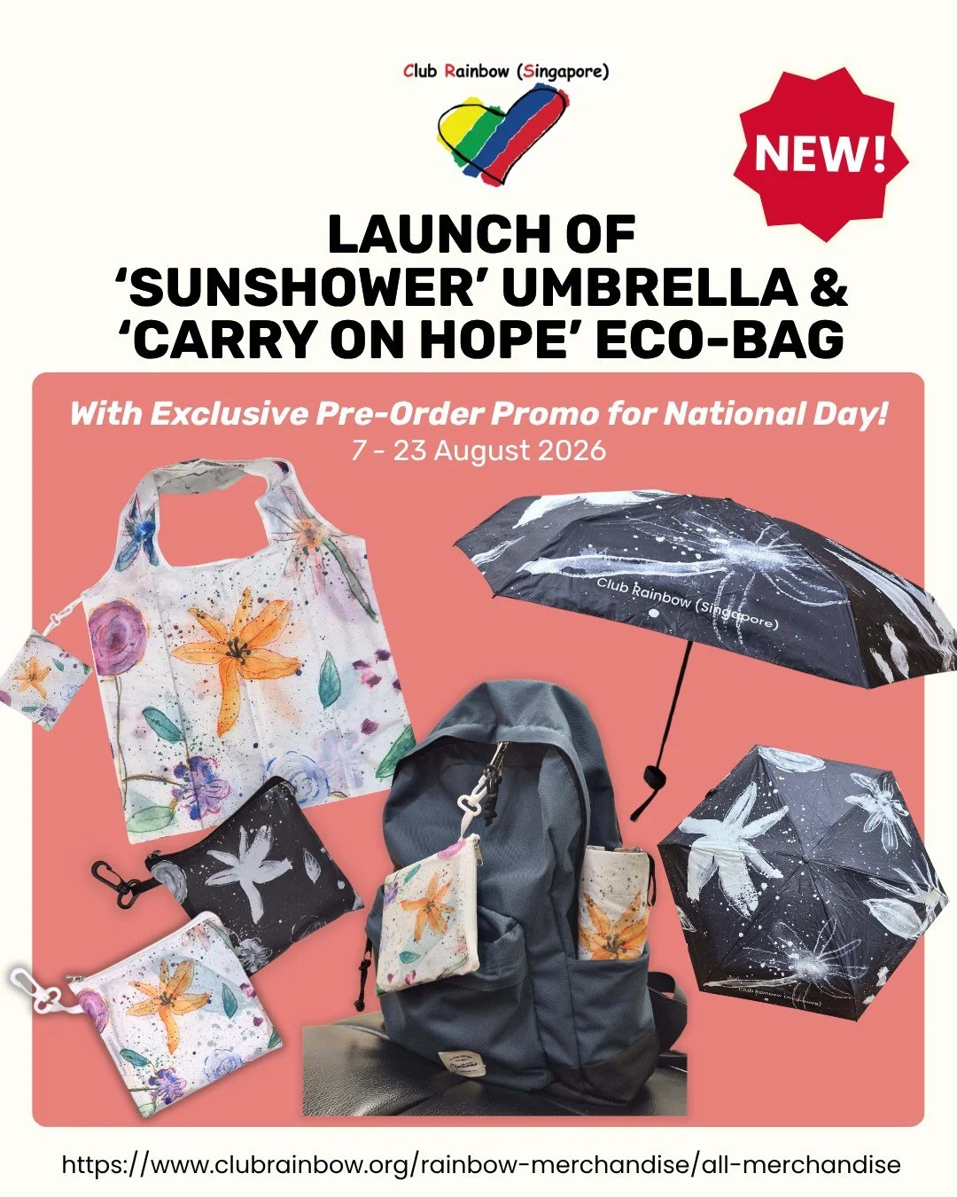 Introducing our new Rainbow Merchandise &mdash; the 'Sunshower' Umbrella ☂️ and 'Carry On Hope' Eco-Bag 👜, both featuring 'Petal Play', a joyful design created by Elijah, one of Club Rainbow (Singapore)'s young artists 🌈🎨

Inspired by hope, resili