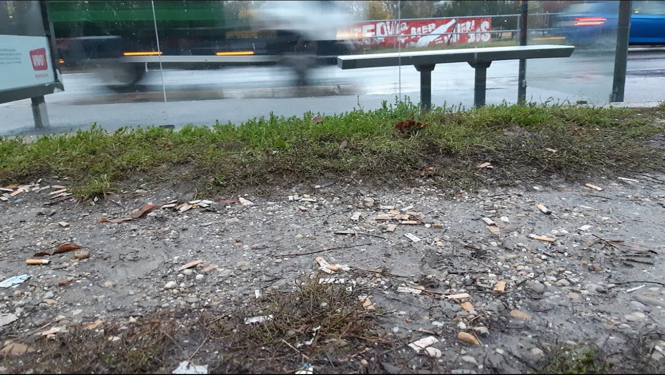Cigarette butts covering the ground behind the monitored bus stop area.  Photo: Patrik Poltársky.
