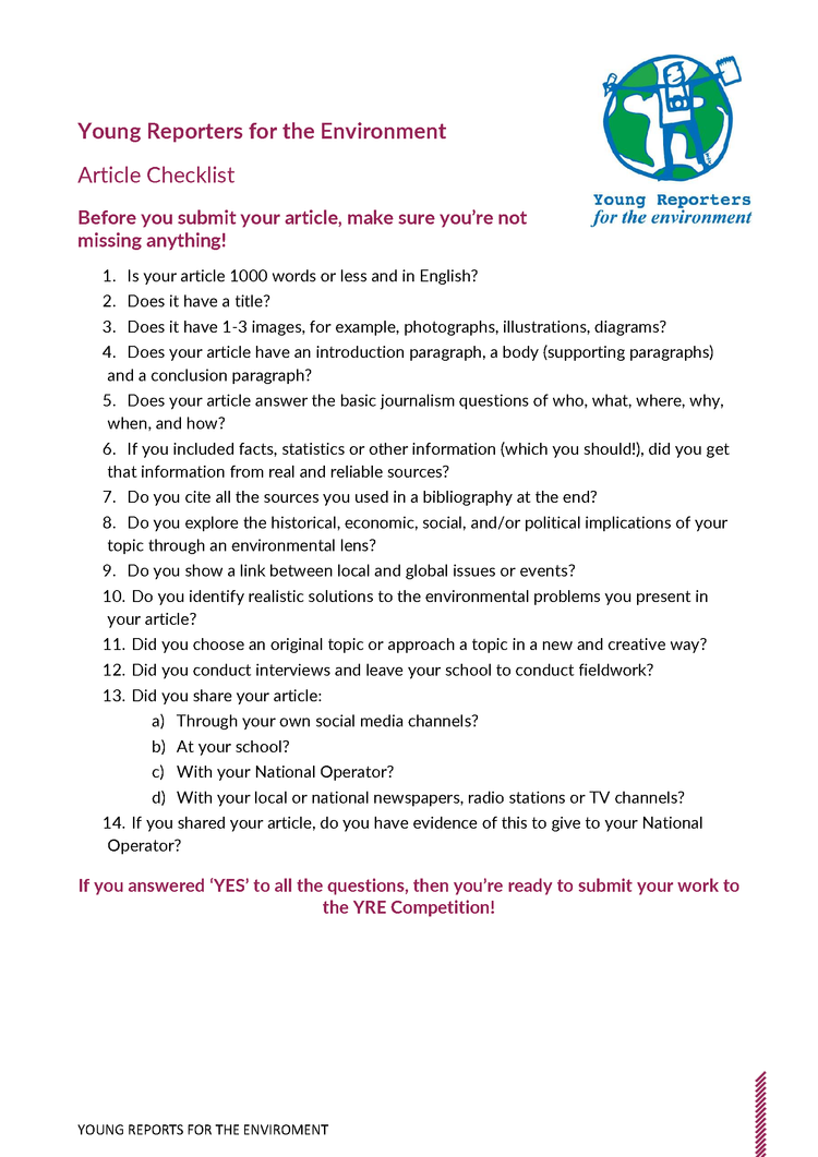 YRE Competition Checklists — Young Reporters for the Environment