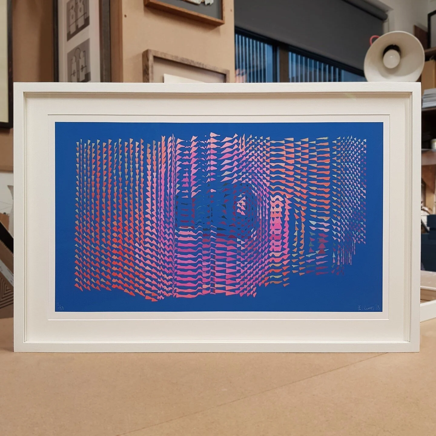 Frame: Hand-painted white frame - window mount - 6 mm fillets - anti-reflect glass⁠
⁠
The bold colour and geometric design required a blank canvas with minimal distractions. The white mount helps frame the artwork and give a mature finish to the cont