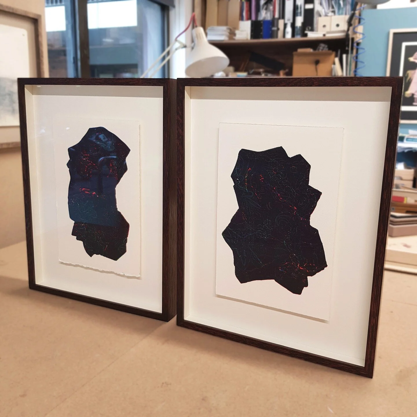 Frame: Oak frame stained dark rosewood - white raised mount - 12mm fillets - anti-reflect glass⁠
⁠
Another couple of framed artworks for @elizabethxibauer by artist @abrahamkritzman. We chose a dark coloured frame to match the dark colours within the