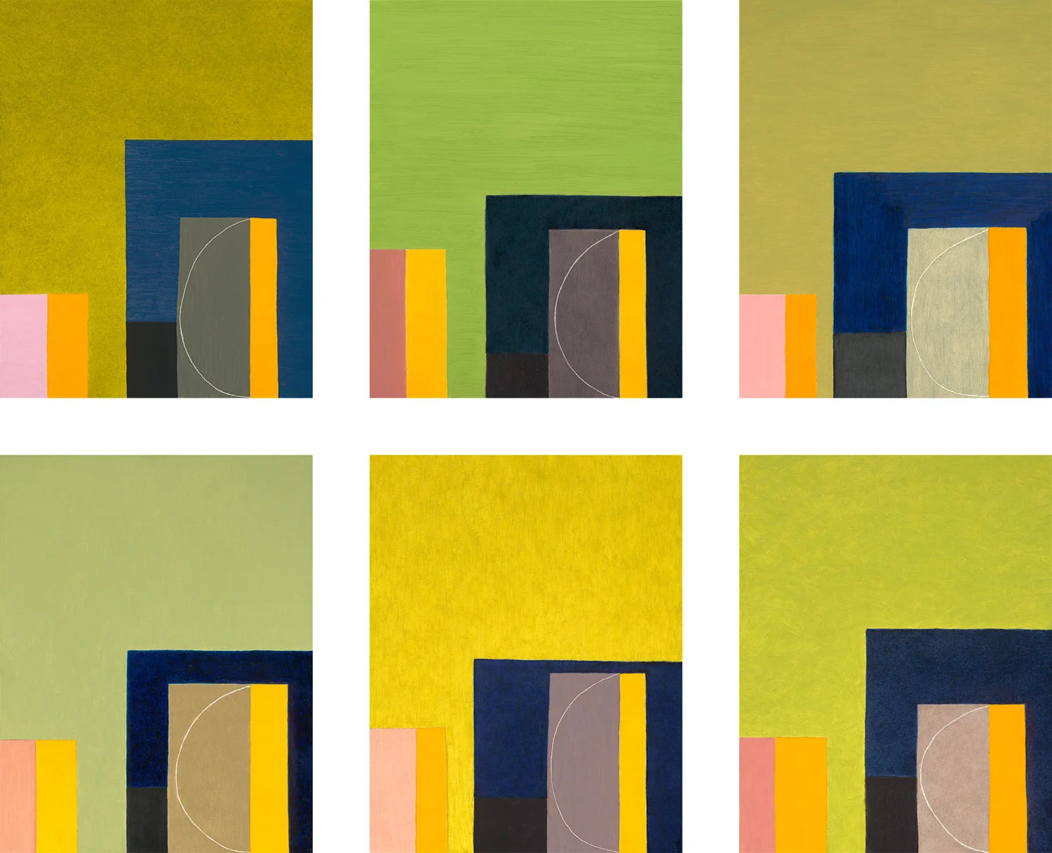 Danielle Shelley's multipanel geometric abstraction painting, Blue Gate, at Axle Indoors at Peters Projects, Santa Fe, New Mexico