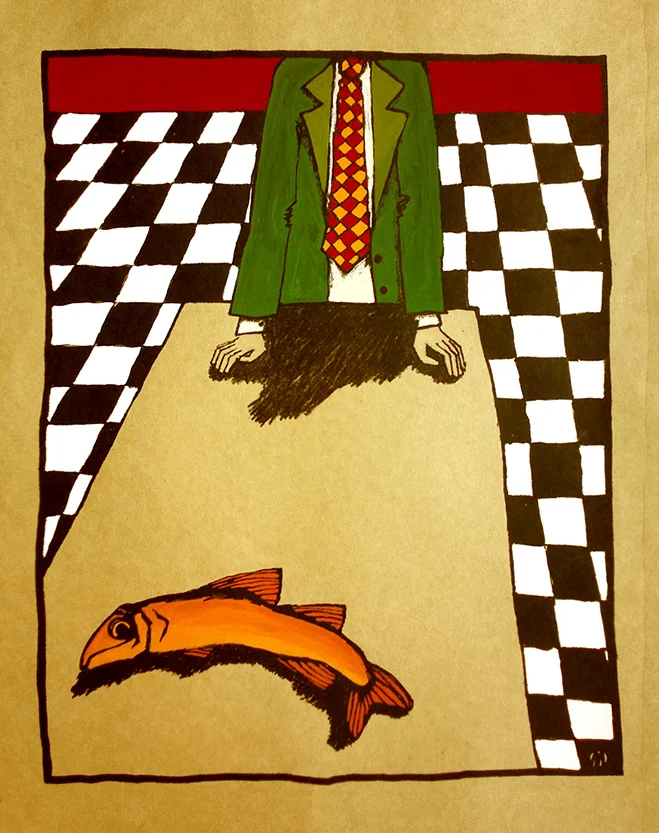 Man With Fish Out of Water Lithograph & gouache 1996