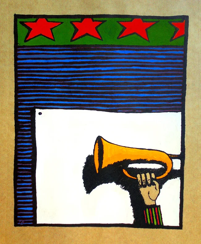 Man Blowing His Own Trumpet Lithograph & gouache 1996