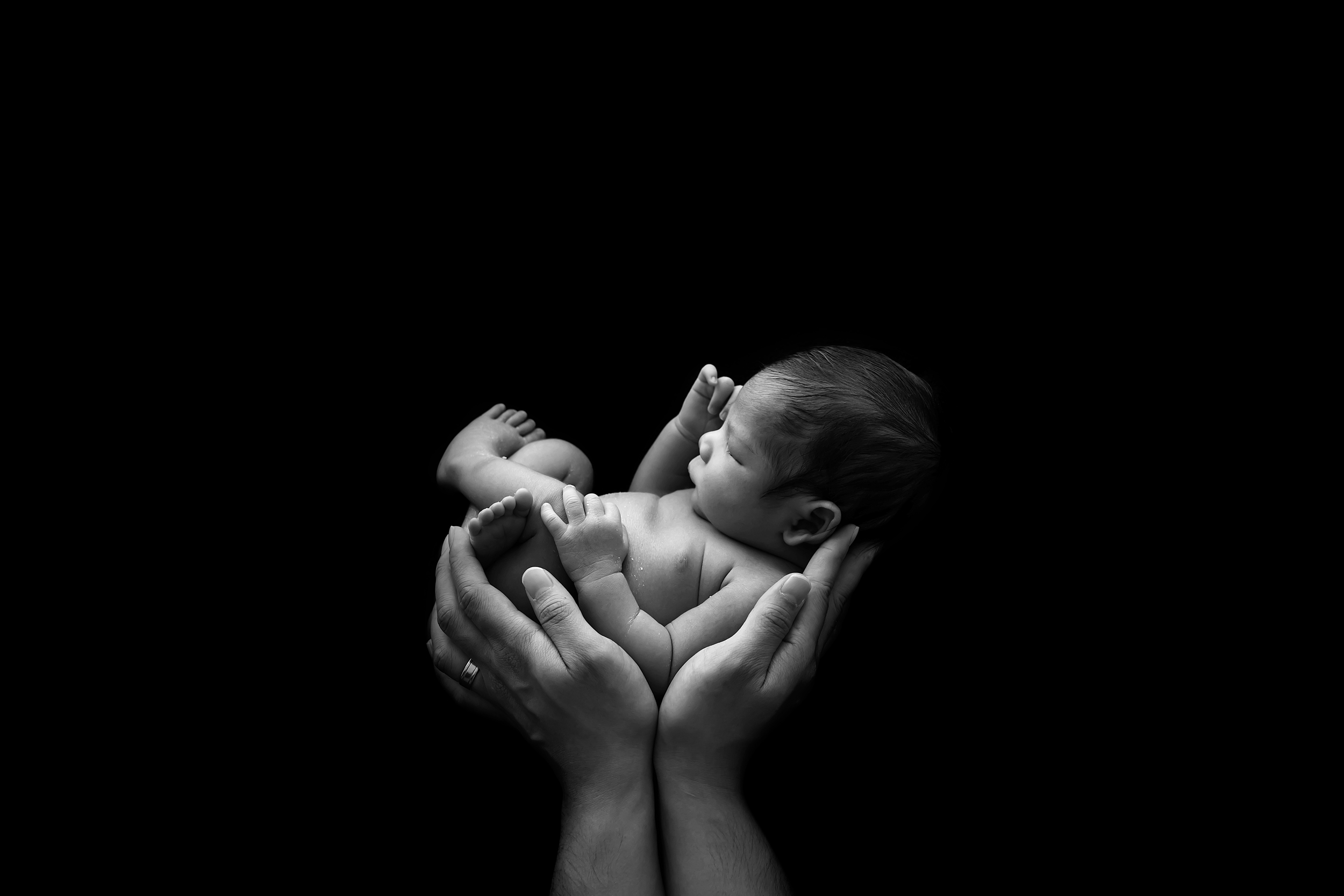 Baby in hands pose on a black background taken by newborn photographer Monique Graham in Melbourne