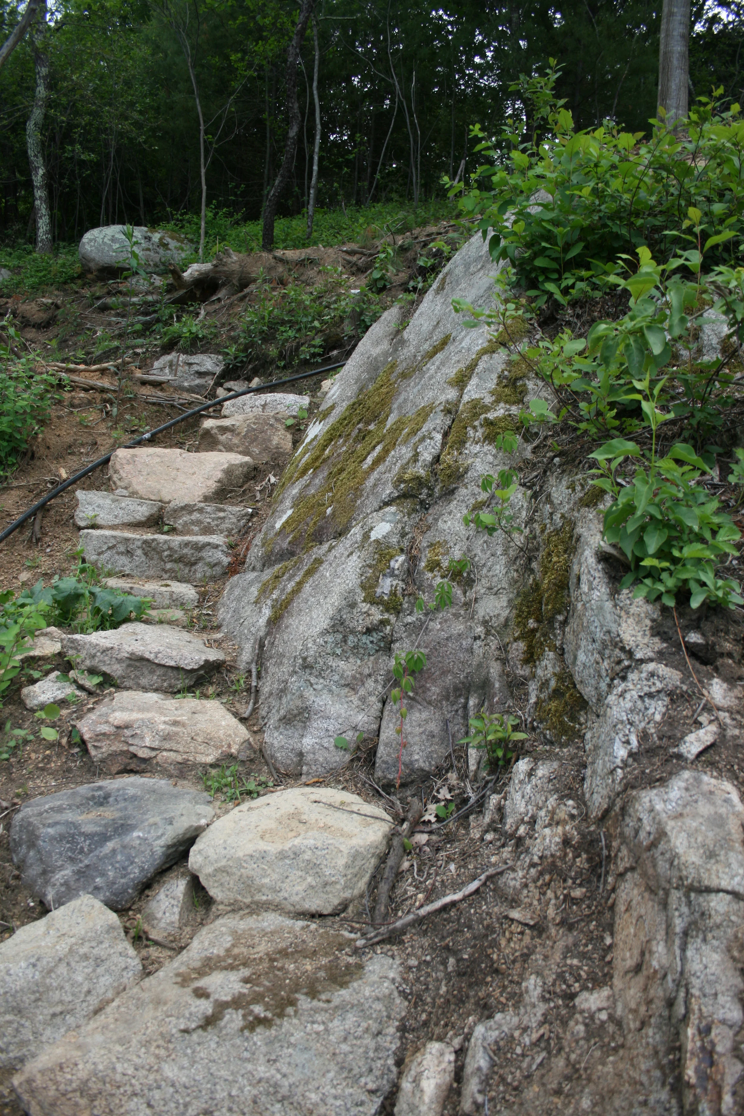 staircase wrapping around the stone out cropping up to the top terrace.