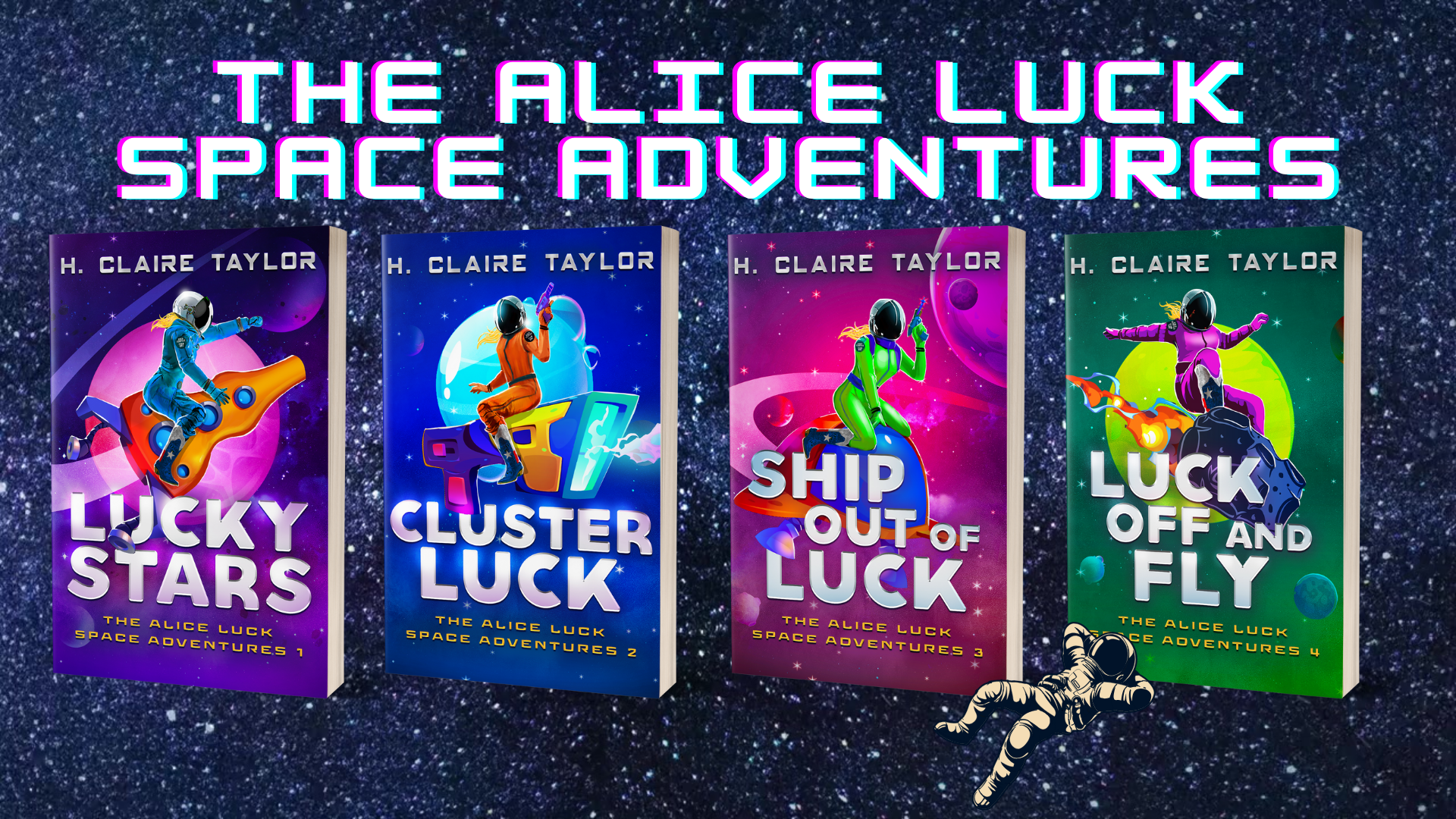Book covers of the four books in the Alice Luck Space Adventures hovering in space