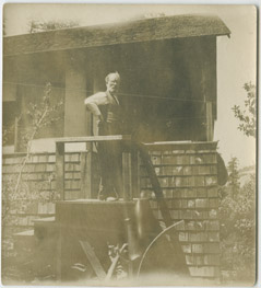 Father by his cabin, Colorado Springs, CO, 1906 (* name withheld to protect living relatives)