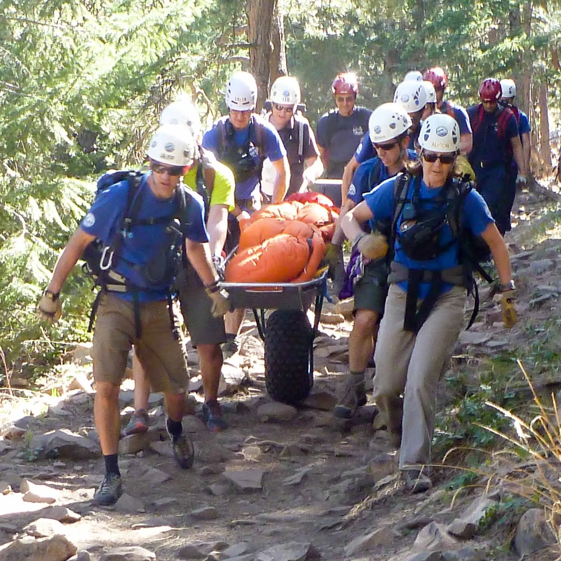 Rocky Mountain Rescue Group members conduct a wheeled litter evacuation on Boulder's 2nd Flatiron, lower trail. 