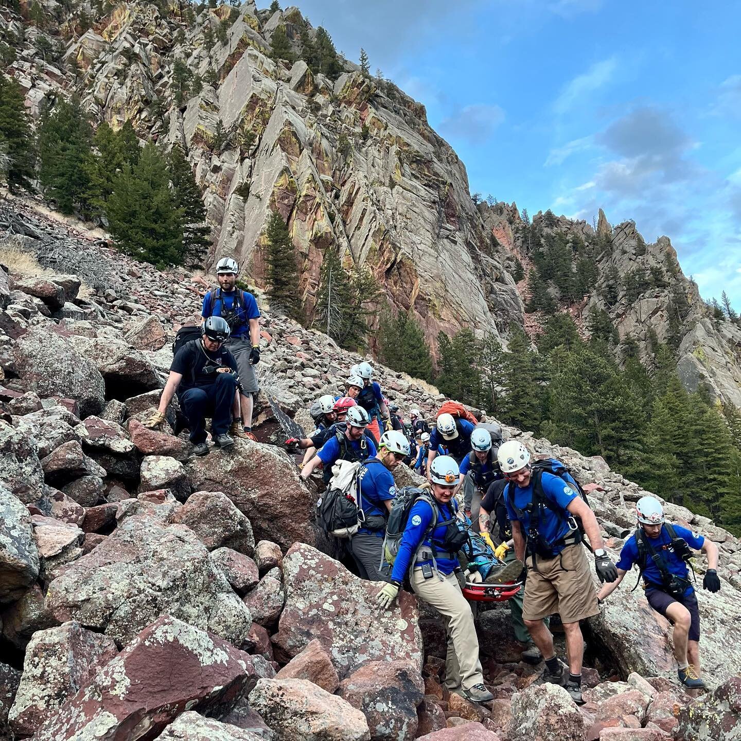 Yesterday we assisted a hiker who injured his leg while hiking off-trail in Eldorado Canyon State Park. The hiker, who was in a loose gully north of Shirttail peak, yelled to get the attention of nearby climbers who were able to call 911.