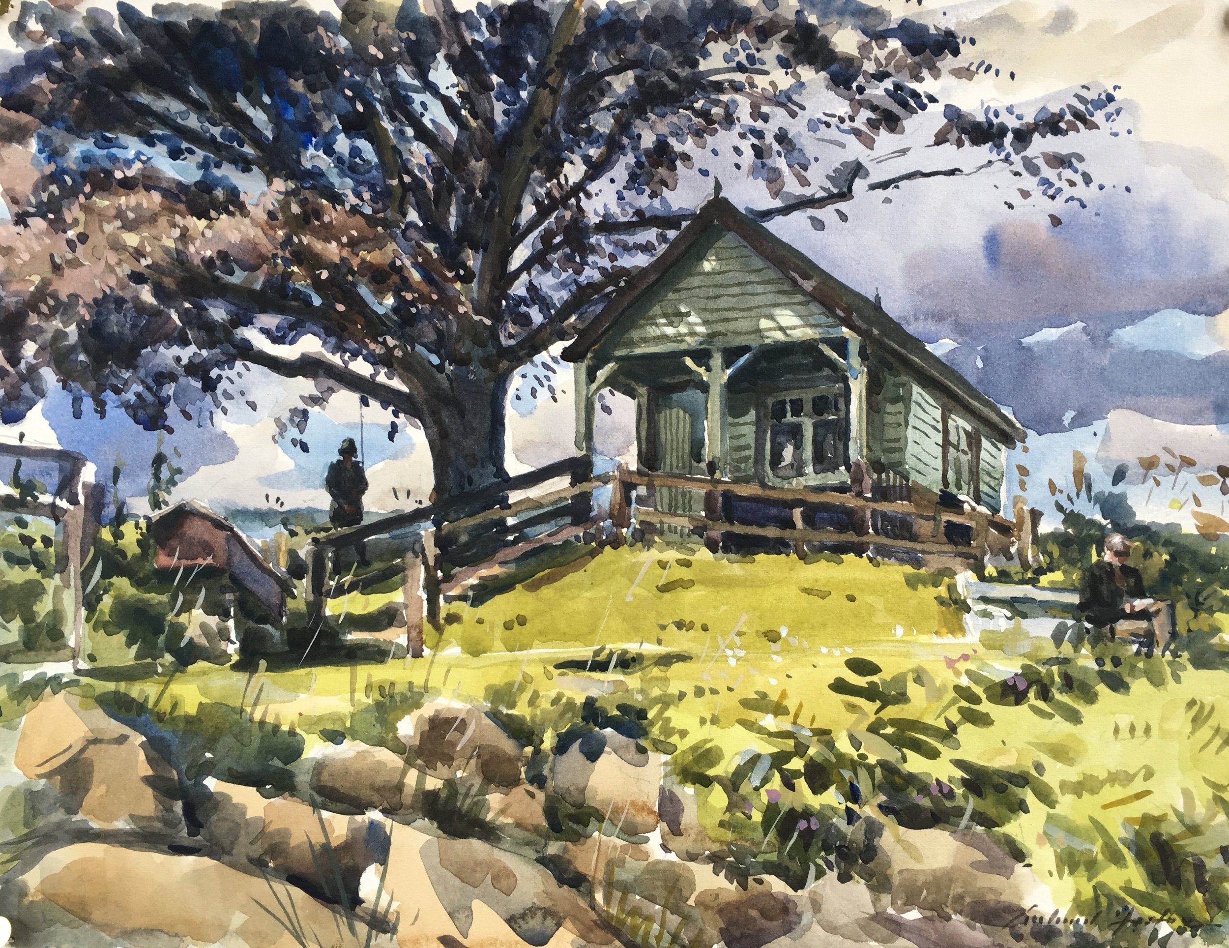 The Hut with Gina, watercolour, 10 x 14.JPG
