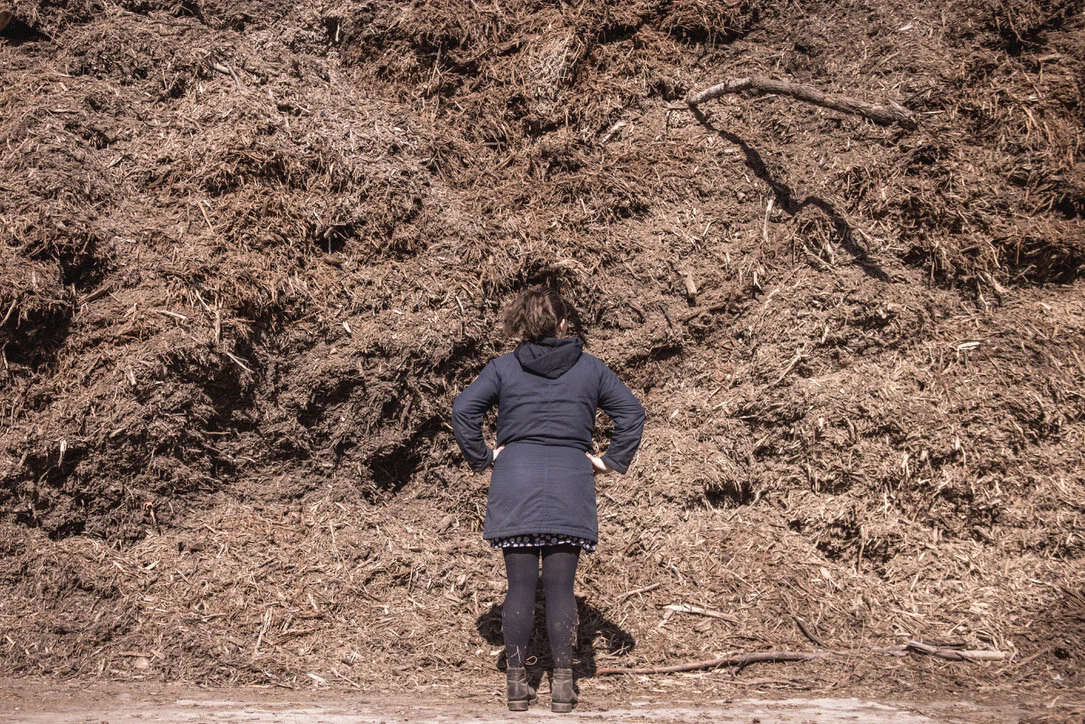Person standing in front of a large compost and mulch pile at Soil Dynamics, the Omaha area's only industrial composting facility where Gretna Sanitation's yard waste is processed in Sarpy County NE.