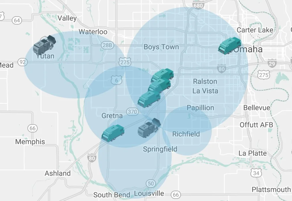 Map showing Gretna Sanitation's residential trash pickup service areas across Sarpy and Douglas County, including Gretna, Papillion, La Vista, and Ralston NE.