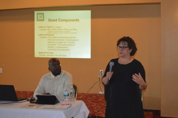 Lynn Lobel, Grants & Resource director for Queens Council on the Arts, explained the components of grant writing. She was joined by Molaundo Jones, Arts Services Manager with Queens Council on the Arts. 