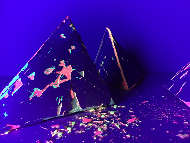 SHED sculpture Tetrahedrons under UV light
