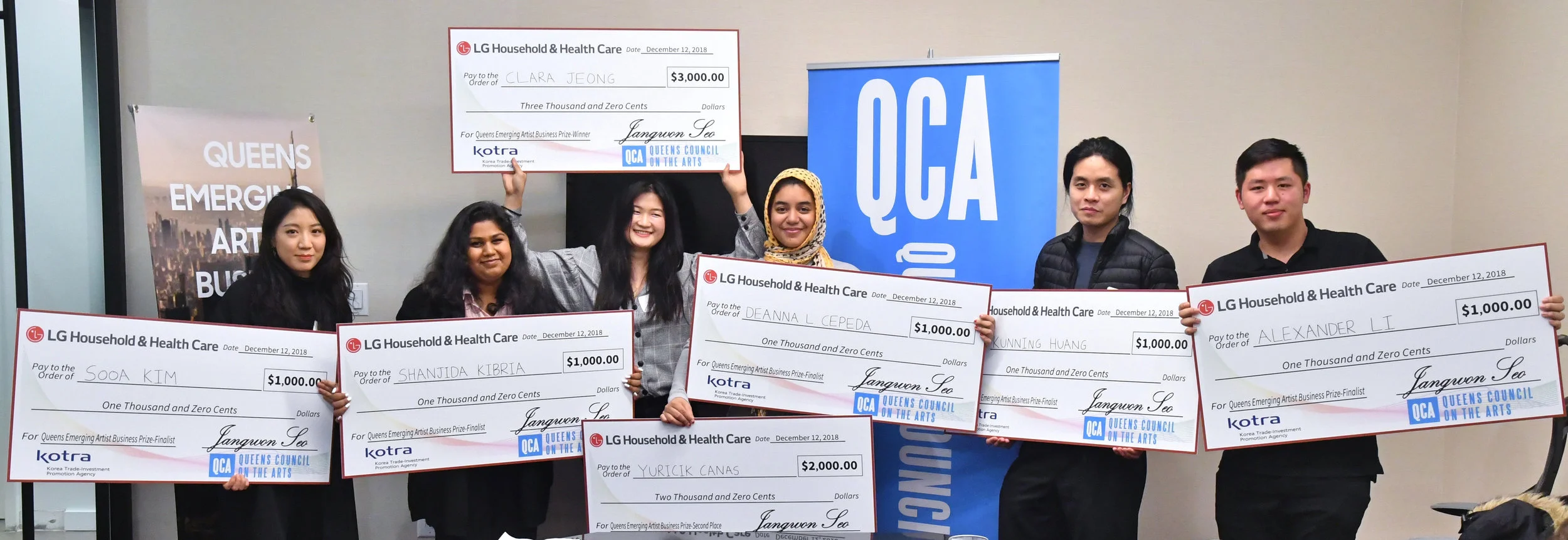 2018 Awardees, from left: From Left: SooA Kim, Shanjida Kibria, Clara Jeong, Deanna Cepeda, Kunning Huang, & Alexander Li (not pictured: Yuricik Canas); photo by Ken Brown