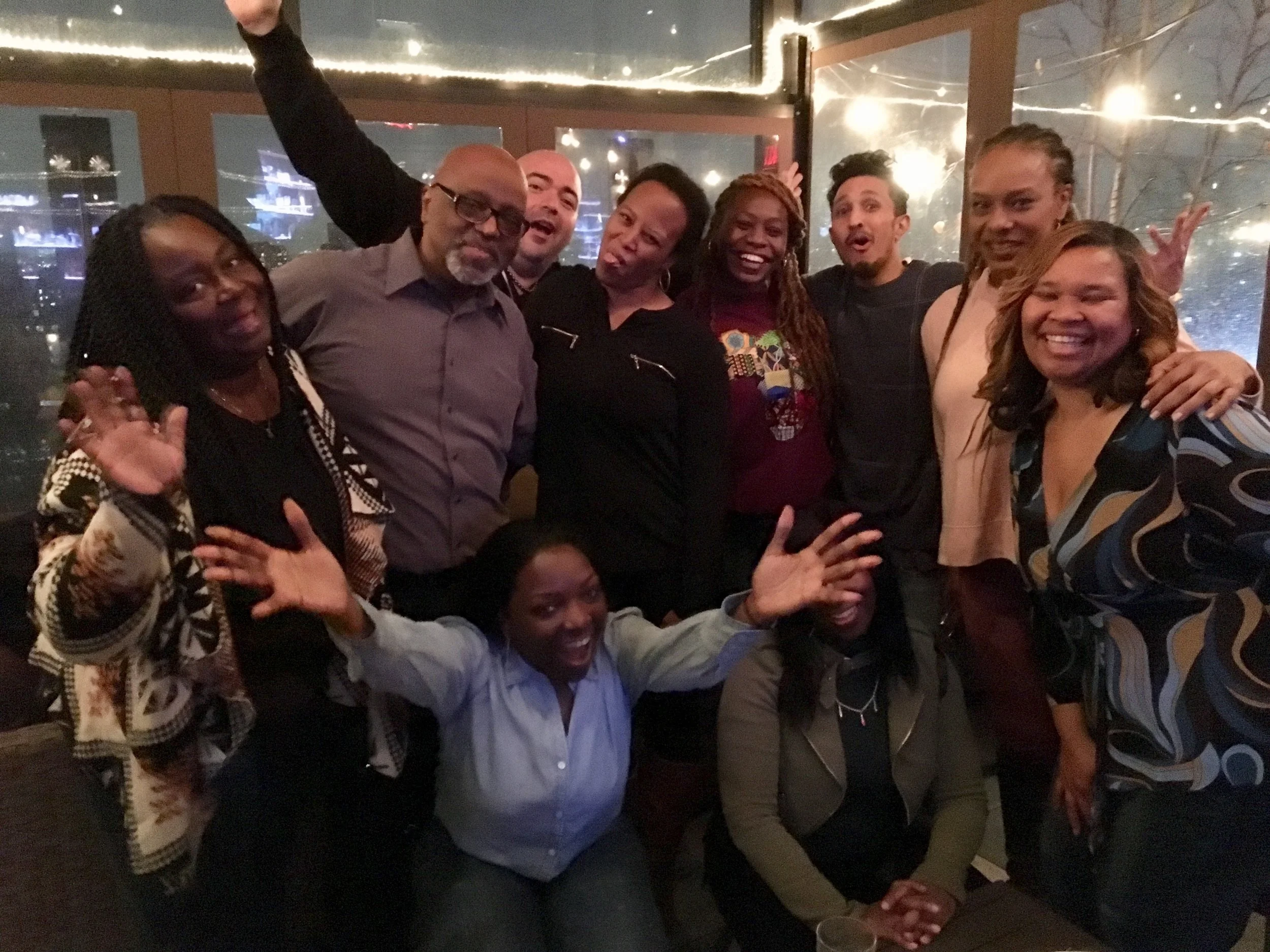 Jamaica & Southeast Queens Art Producers & Artists at the 2018-19 ACP Kickoff Party From Left: Tyra Emerson, Darrell Bridges, Jesus Ward, LaNeese Ray, Brittany Wilson, Y? Guyadin, Kerri Edge, Linette Townsley, Brendez Wineglass, and Yolanda Johnson