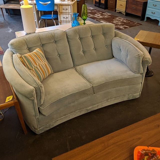 Just got this lovely blue love seat. Just 64&quot;. Interested? Let us know and we can set up an appointment for you to check it out! Well priced at $249!