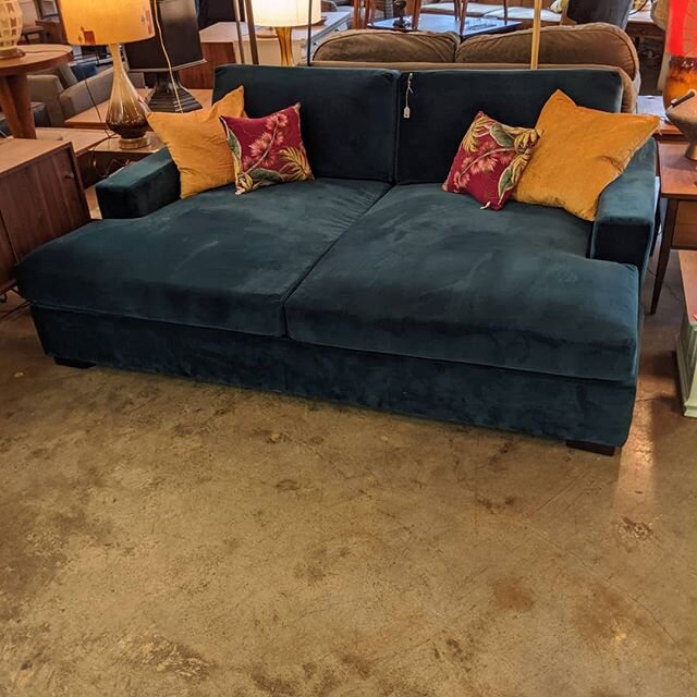 Green velvet Joybird Sofa. Super comfy perfect for chillaxin!