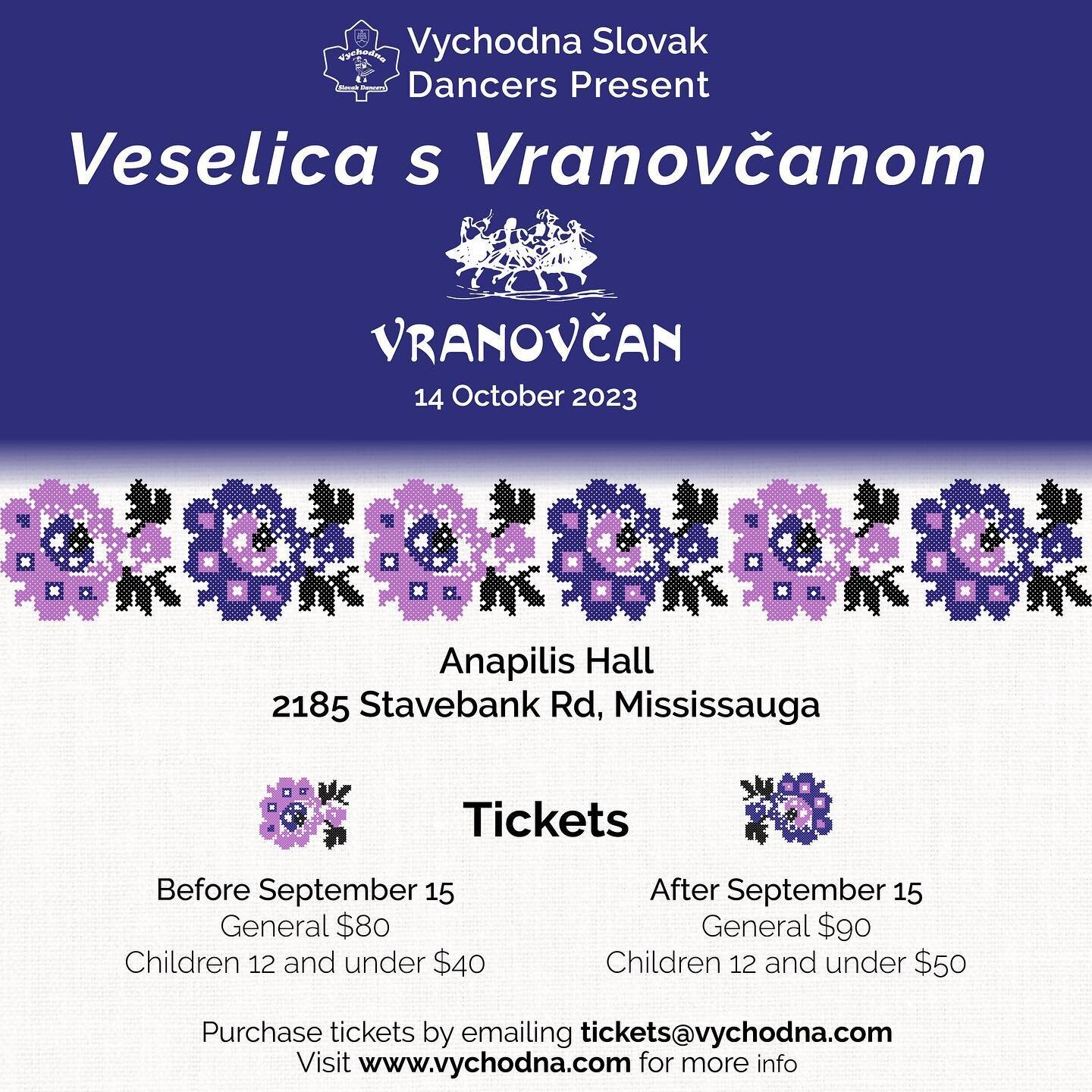 Join us this October as we host @vranovcan in Mississauga. The evening will include a performance, dinner and a party, dancing to folklore songs and the DD band 💃🕺🇸🇰

Check out the details in the post and email us at tickets@vychodna.com for tick