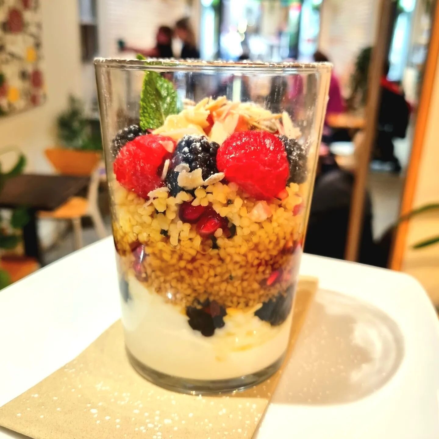 &deg; Brunch Special &deg;
Fruit Tabbouleh 
juice infused bulgur 
pomegranate seeds
blackberry, blueberry, raspberry &amp; strawberry 
toasted almonds
coconut yoghurt