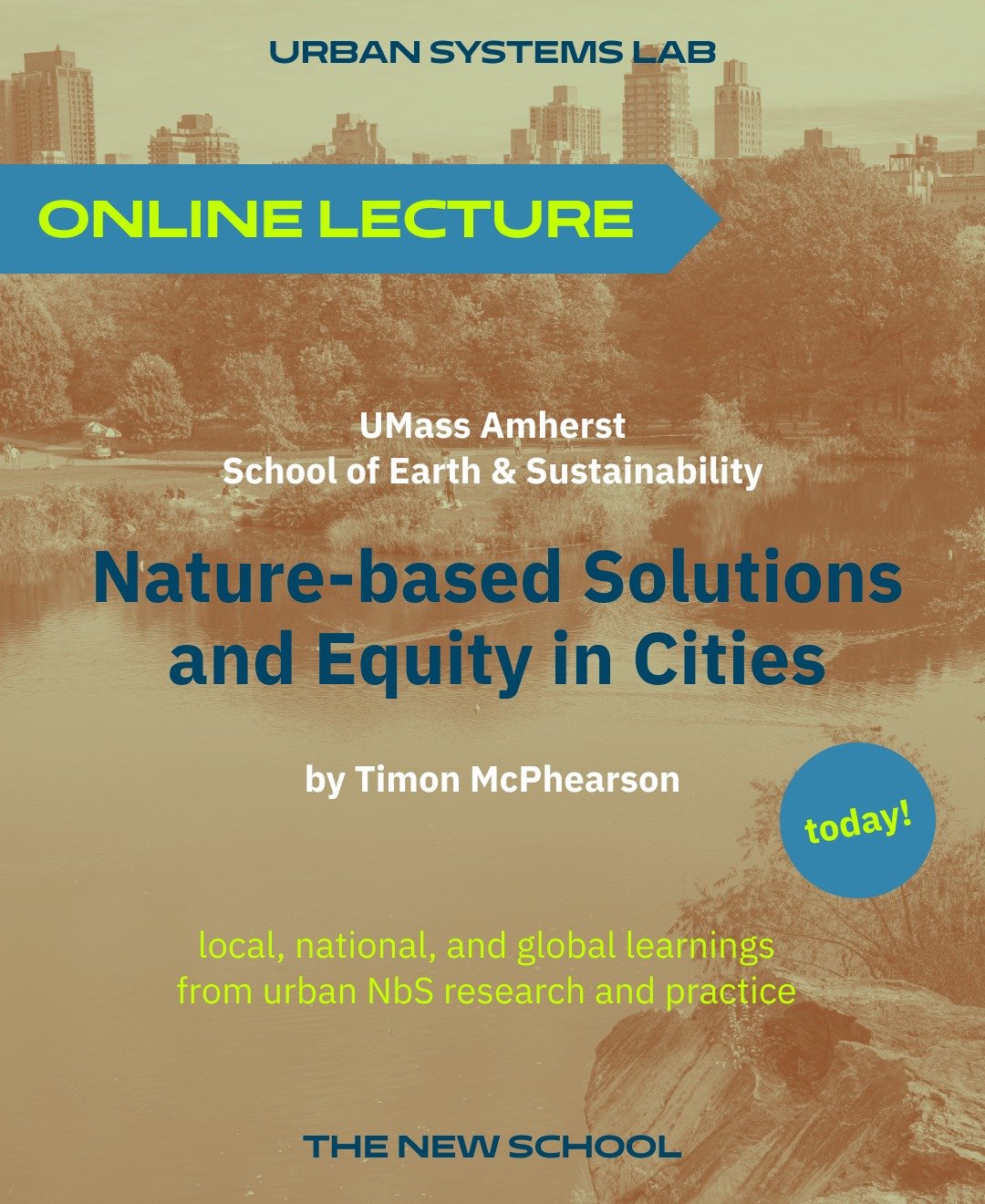 🌿 TODAY: Nature-based Solutions &amp; Urban Equity 🌿
USL Director Timon McPhearson will be discussing how to ensure equity remains central to nature-based solutions implementation in cities.

💡 In this talk: Learn how NbS can address urban challen