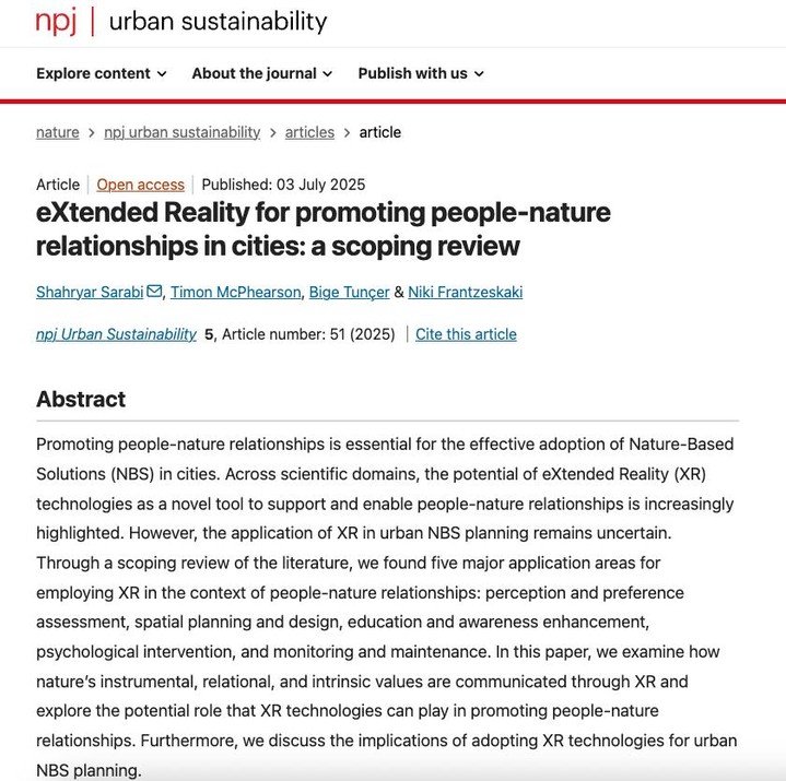🌿 Former USL Visiting Scholar Shahryar Sarabi publishes a new paper on XR and urban nature!

Part of his NATURA Early Career Fellowship, the paper explores how AR/VR can help people reconnect with nature. Co-authored with @timonm, Bige Tun&ccedil;er