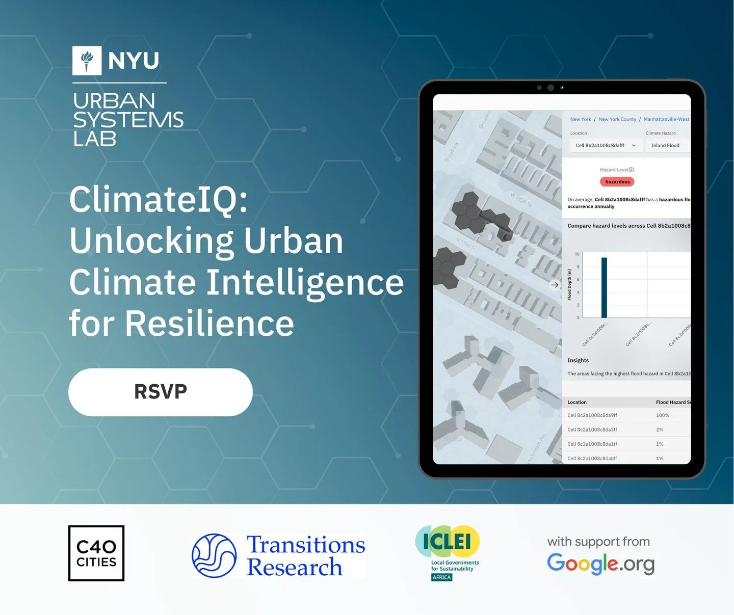 🔔 Public Webinar | NYC Climate Week 2025

ClimateIQ: Unlocking Urban Climate Intelligence for Resilience

Join us for this free, public webinar exploring how AI-powered tools are helping cities better prepare for and respond to climate risks&mdash;f