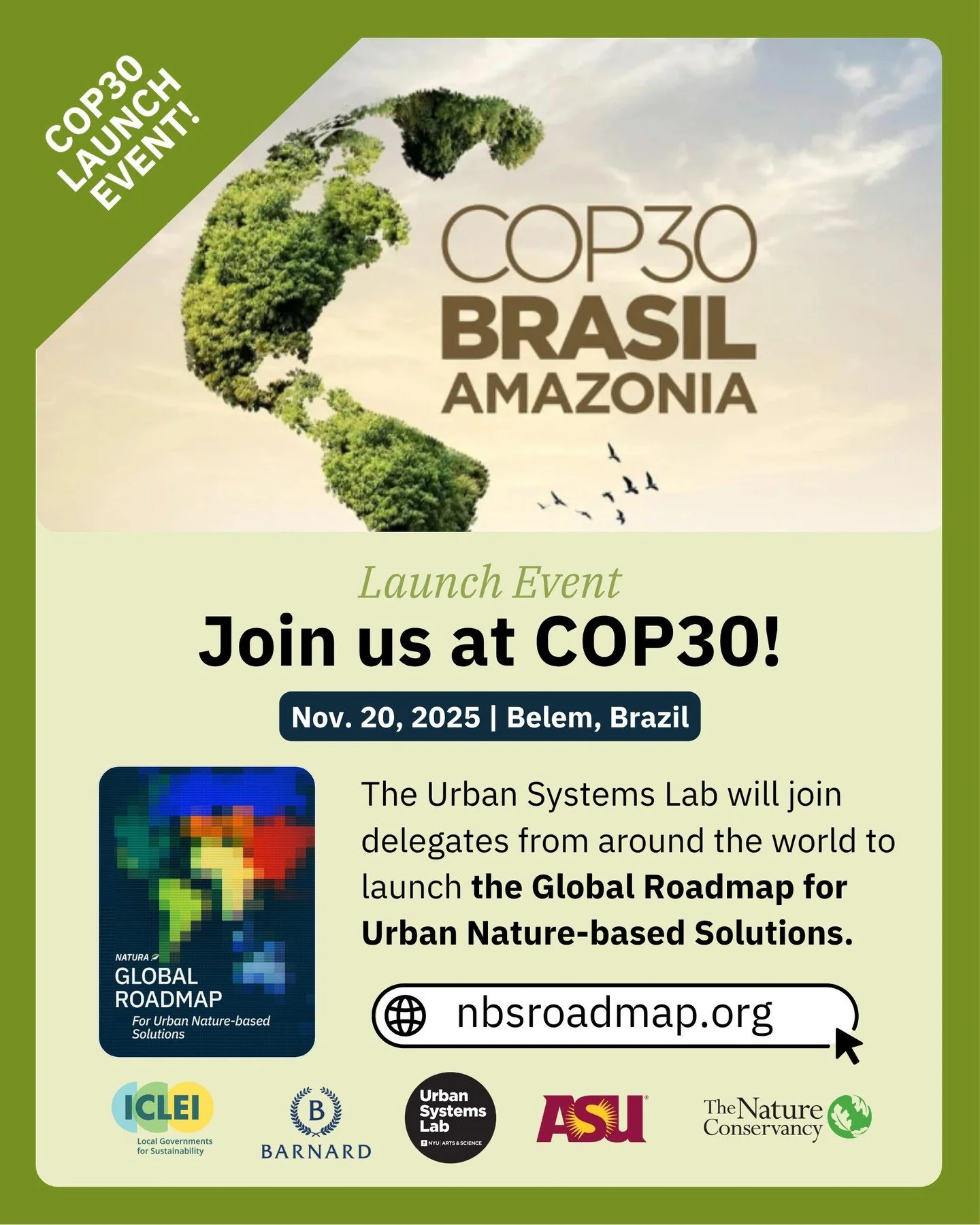 The Urban Systems Lab&rsquo;s @timonm and Loan Diep will join thousands of delegates from across the world at @cop30nobrasil in Bel&eacute;m, #Brazil to launch the NATURA Global Roadmap for Urban Nature-based Solutions (NbS). 

The Roadmap is a landm