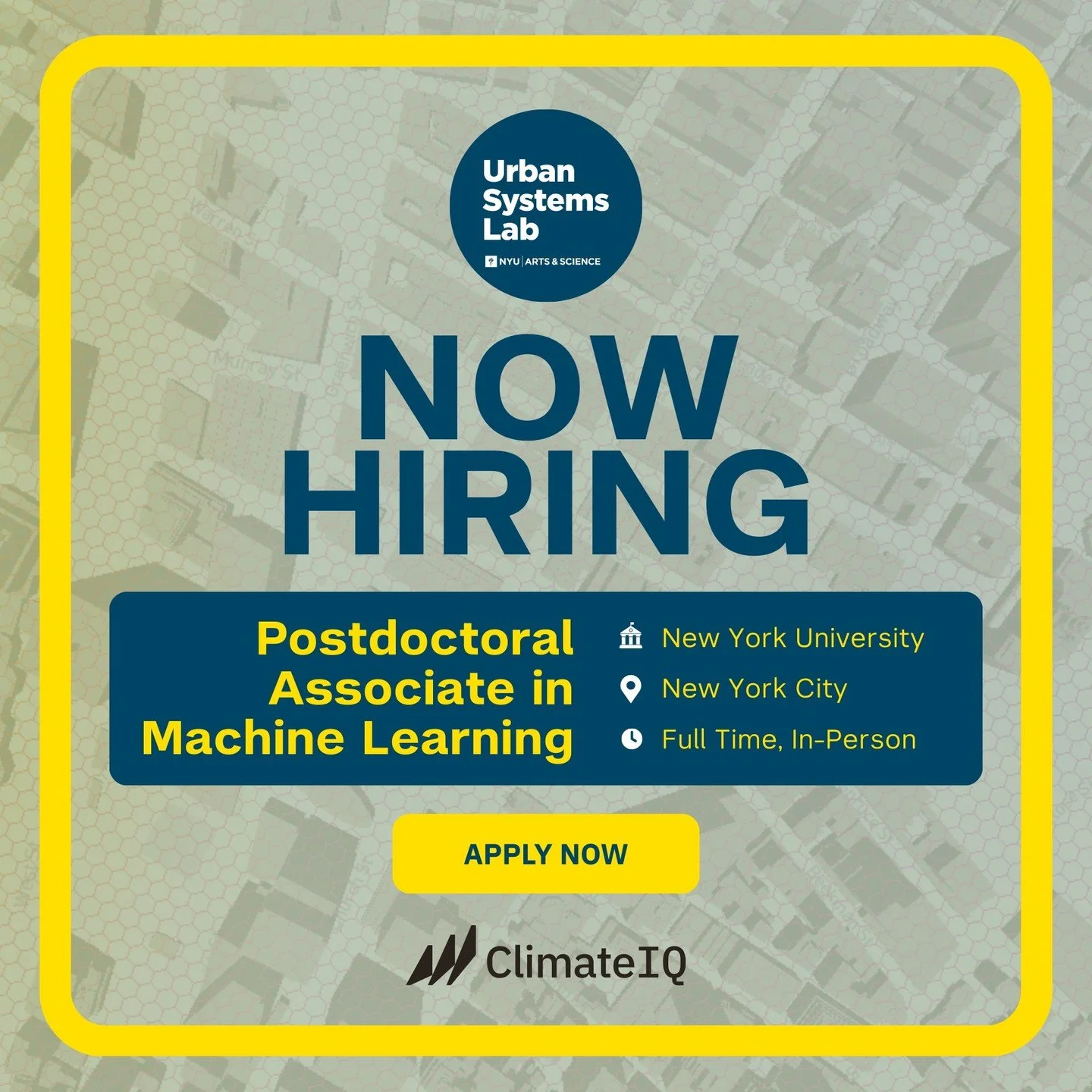 🚨 We&rsquo;re hiring! Urban Systems Lab at NYU is seeking a Postdoctoral Associate in Machine Learning to advance model development and cloud deployment for ClimateIQ, our AI climate risk assessment tool.

Focus areas:
&bull; ML model optimization, 